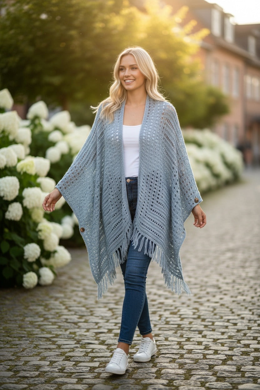 Blue Fringe Wrap-to-Cardigan