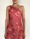 Coral One-Shoulder Asymmetric Drape Gown with Floral Jacquard