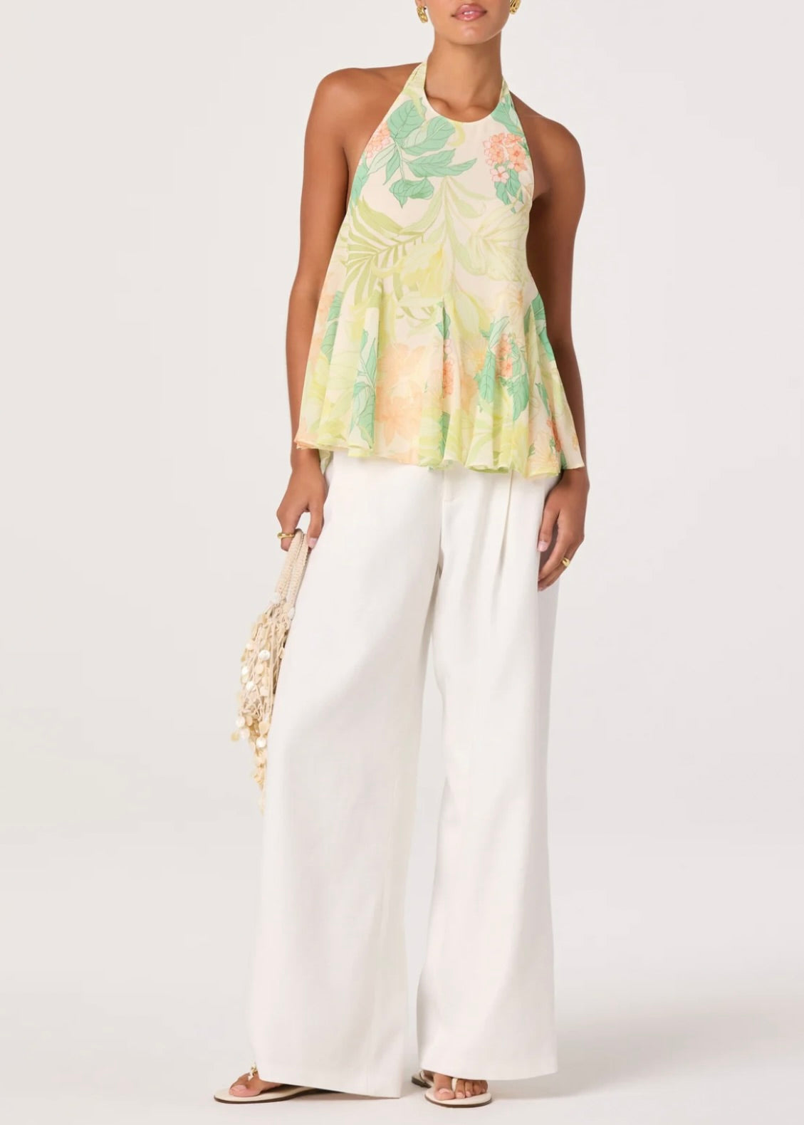 Center Back Self-Tie Tropical Print Chiffon Top