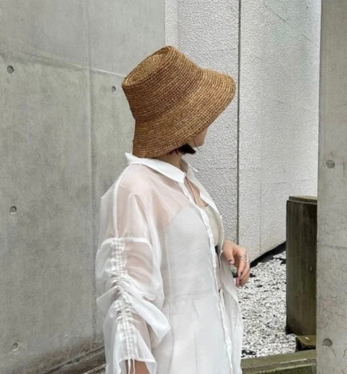 Camel Hand-Crocheted Raffia Straw Telescope Crown Bucket Hat