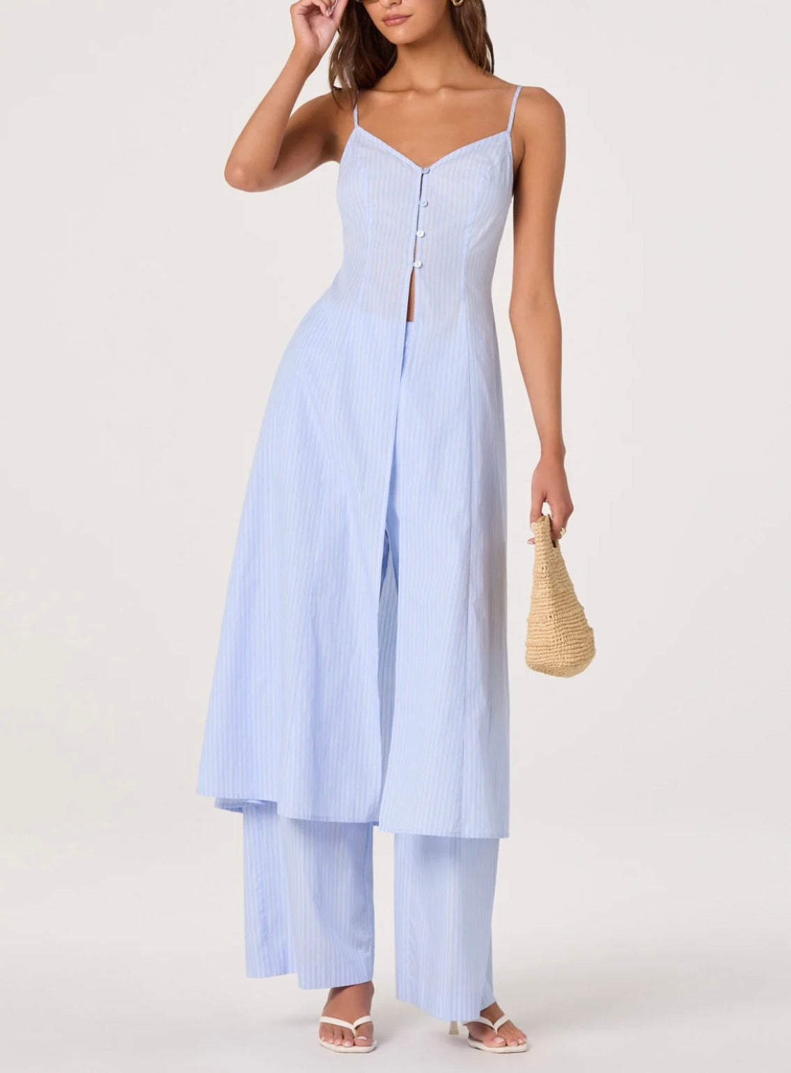 Blue Pinstripe Button-Front V-Neck Longline Tunic Top