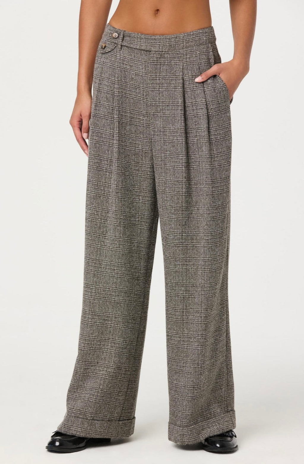 Grey Plaid Pleated Wide-Leg Low-Rise Trousers