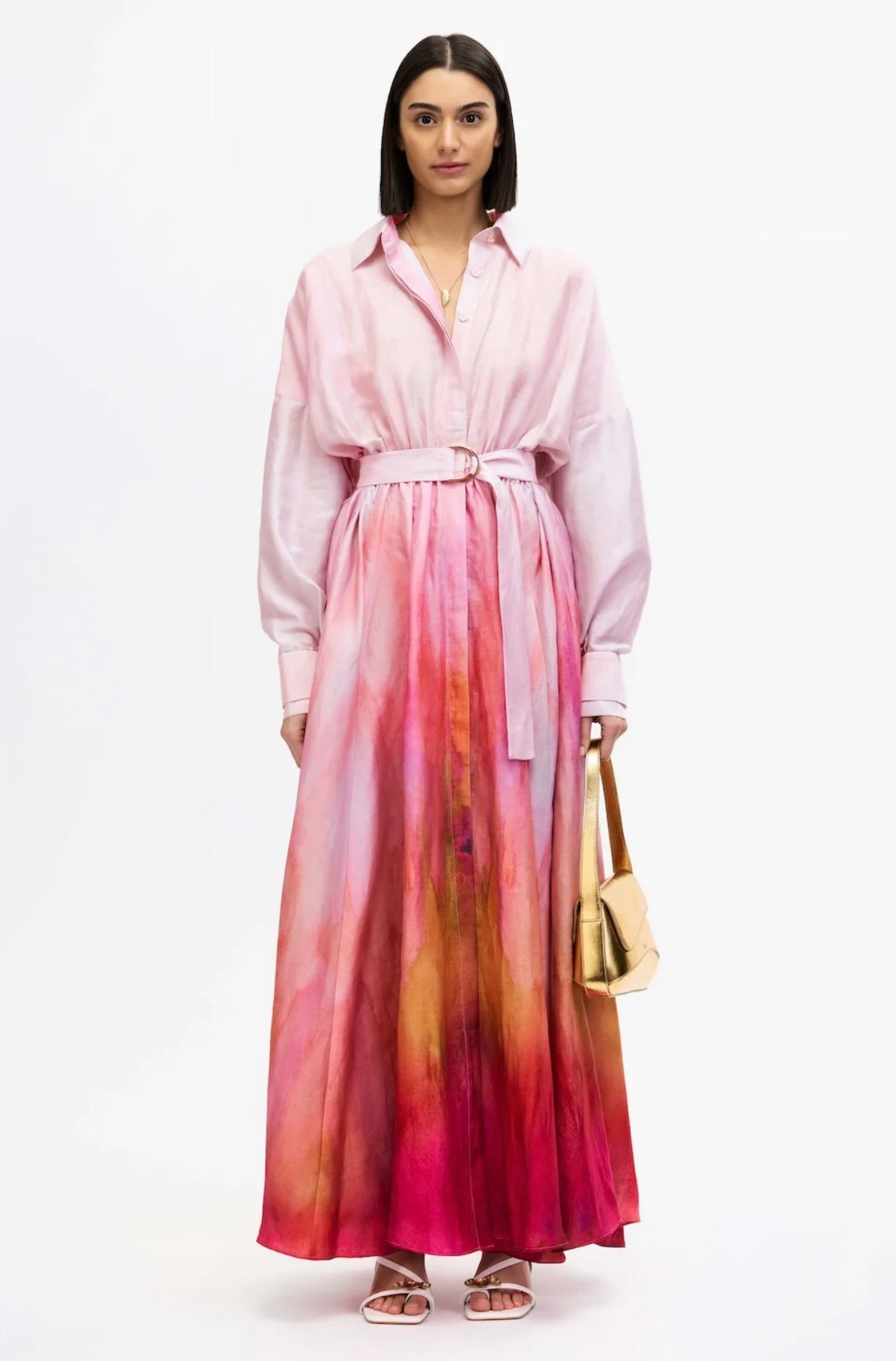 Concealed Gold-Button Front Placket Gown