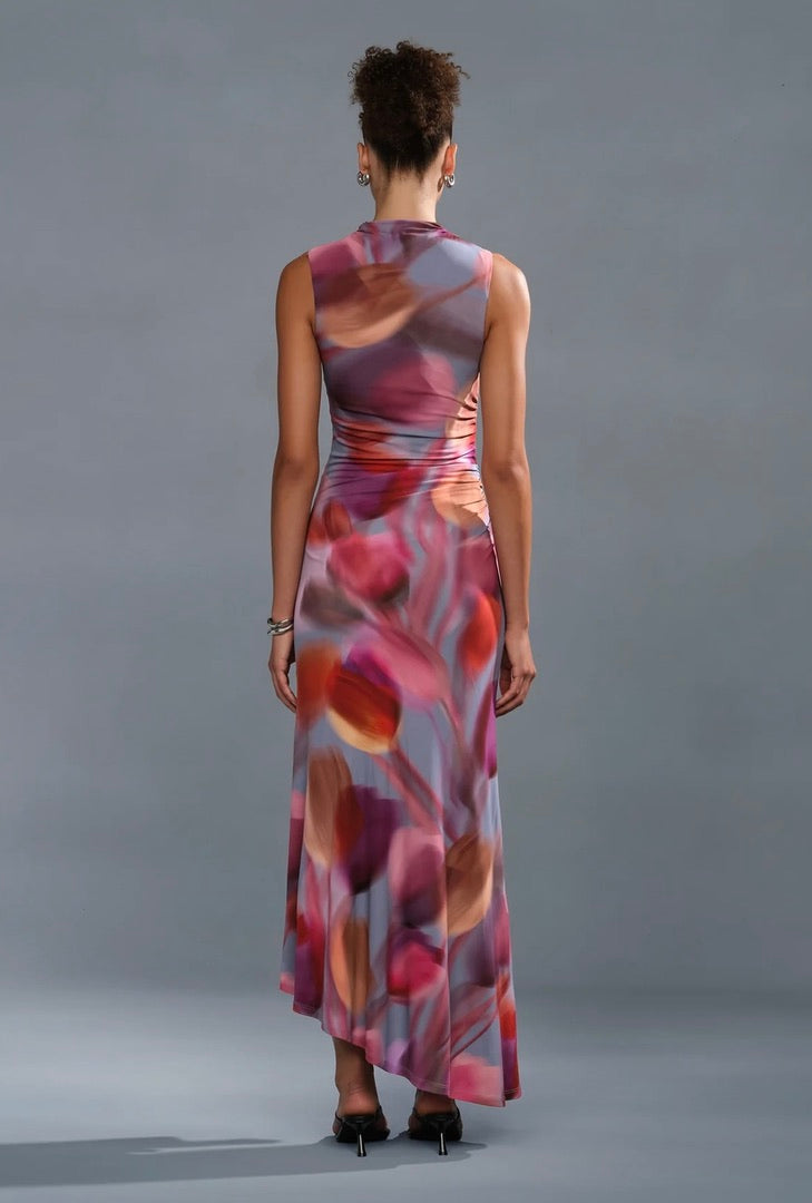 Tulip Haze Matte Viscose Asymmetric Maxi Dress