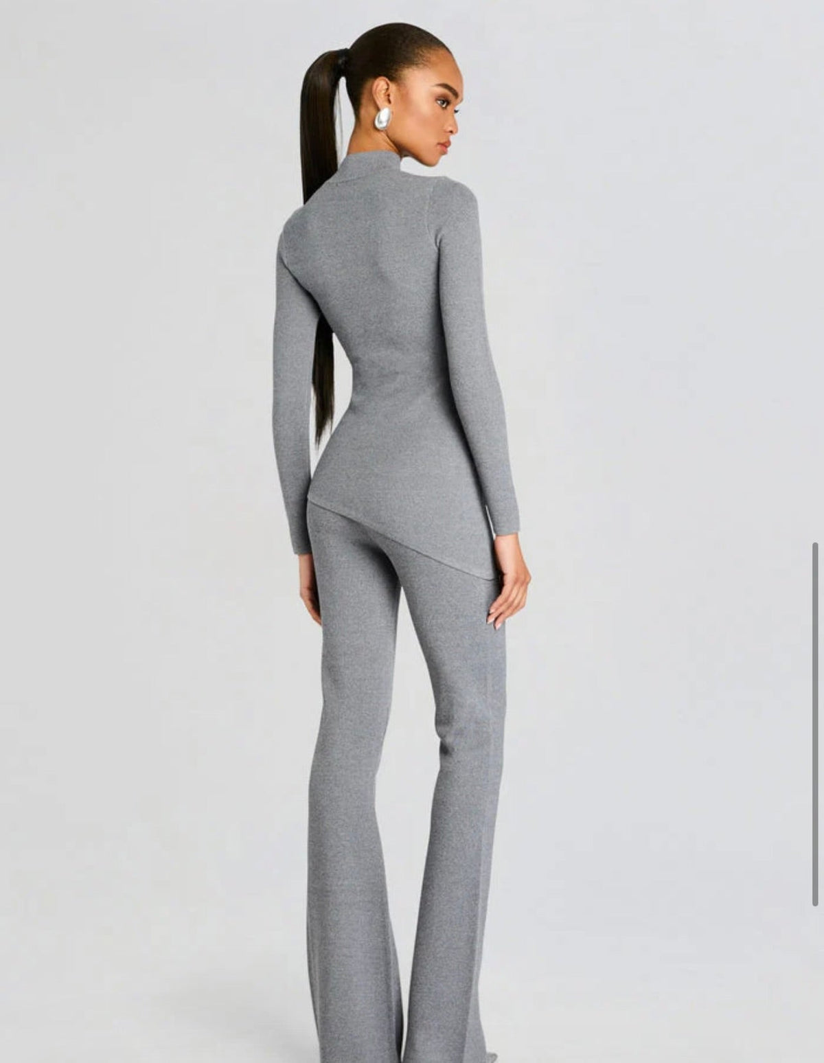 Medium Grey Mid-Rise Knit Flare Pants
