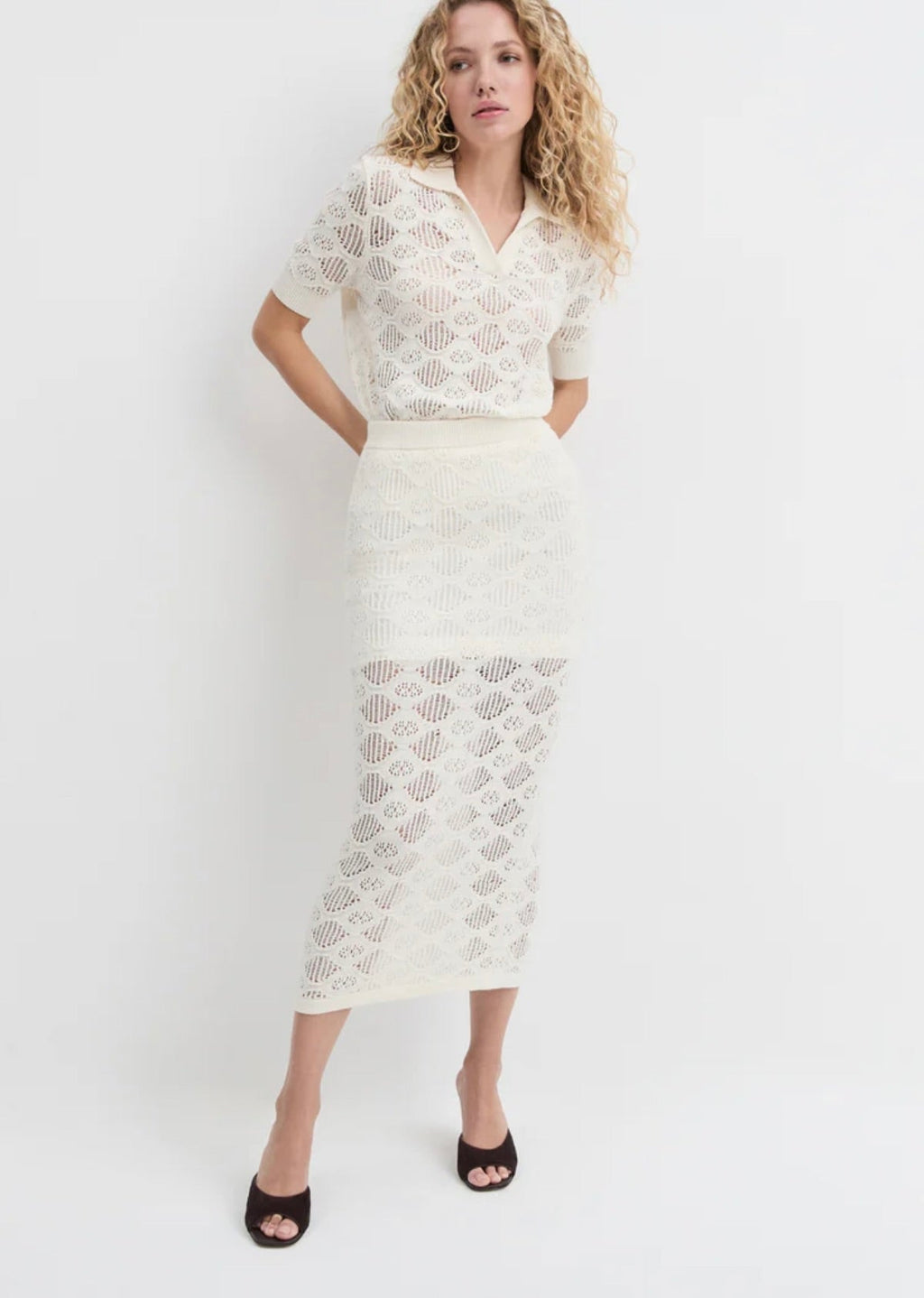 Ivory High-Rise Open-Weave Sweater Knit Pencil Skirt