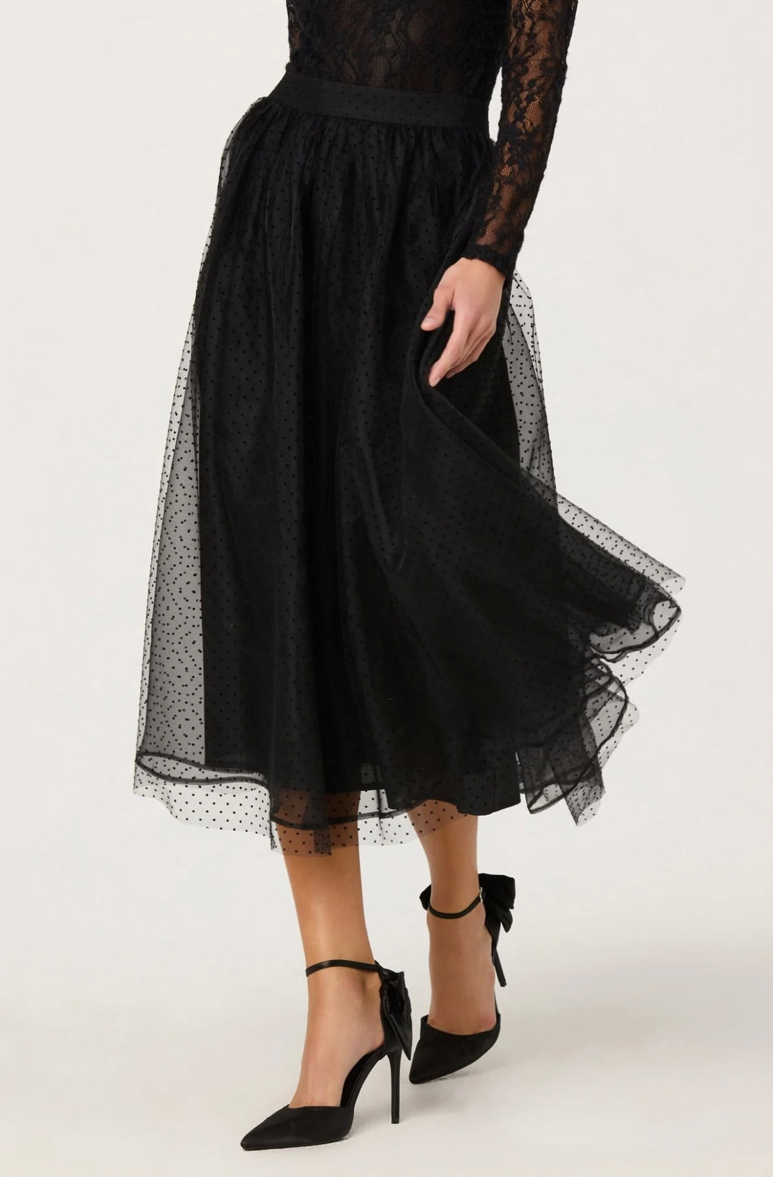 Black Tulle with Velvet Dot Motif A-Line Midi Skirt