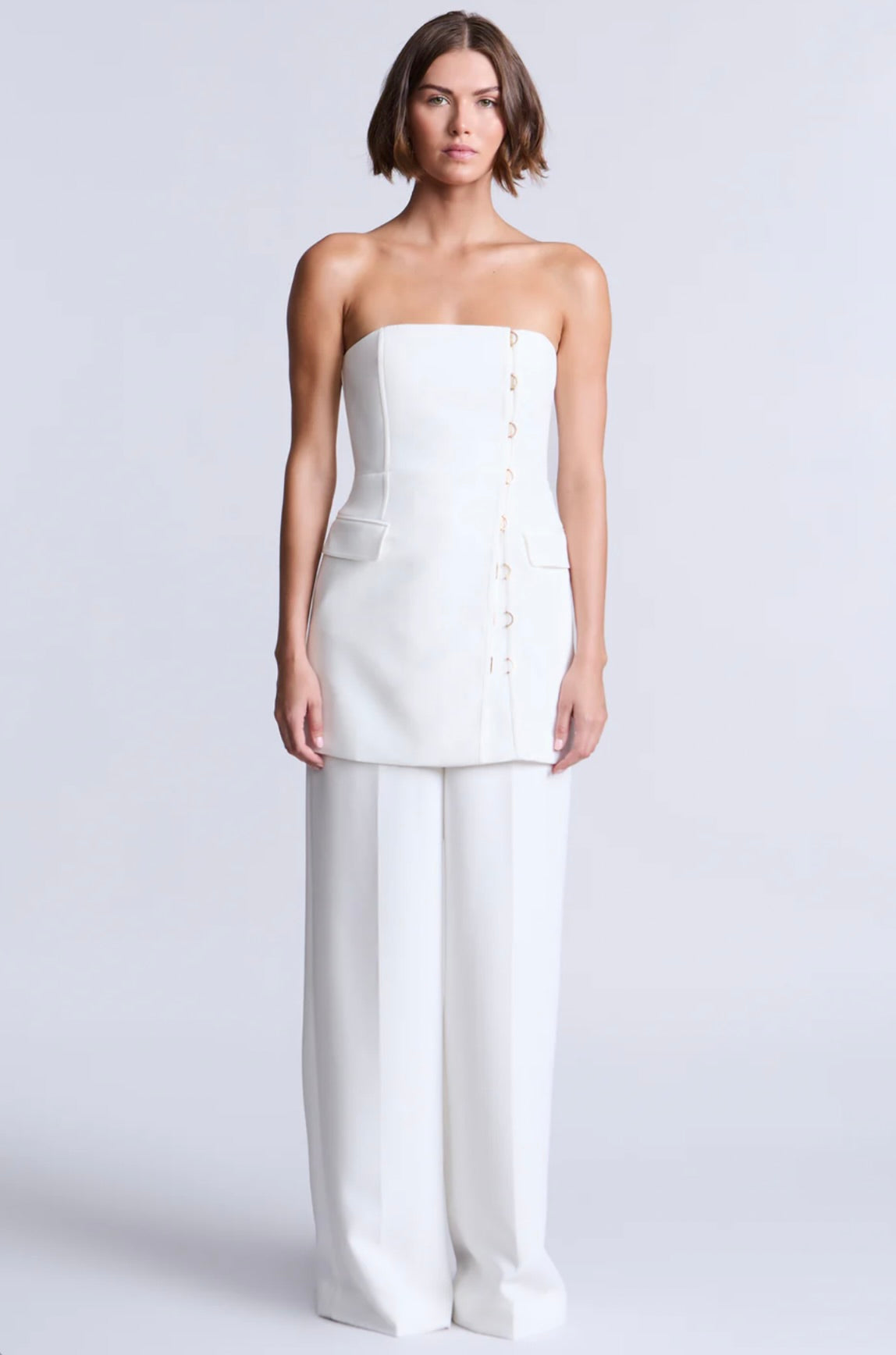 White Strapless Sculpted Mini with Architectural Contour Seaming