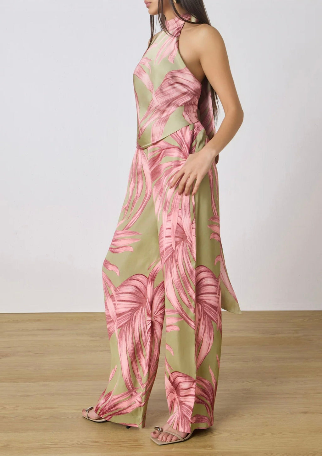 Organic Palm Leaf Pattern Fluid Drape All-Season Pants