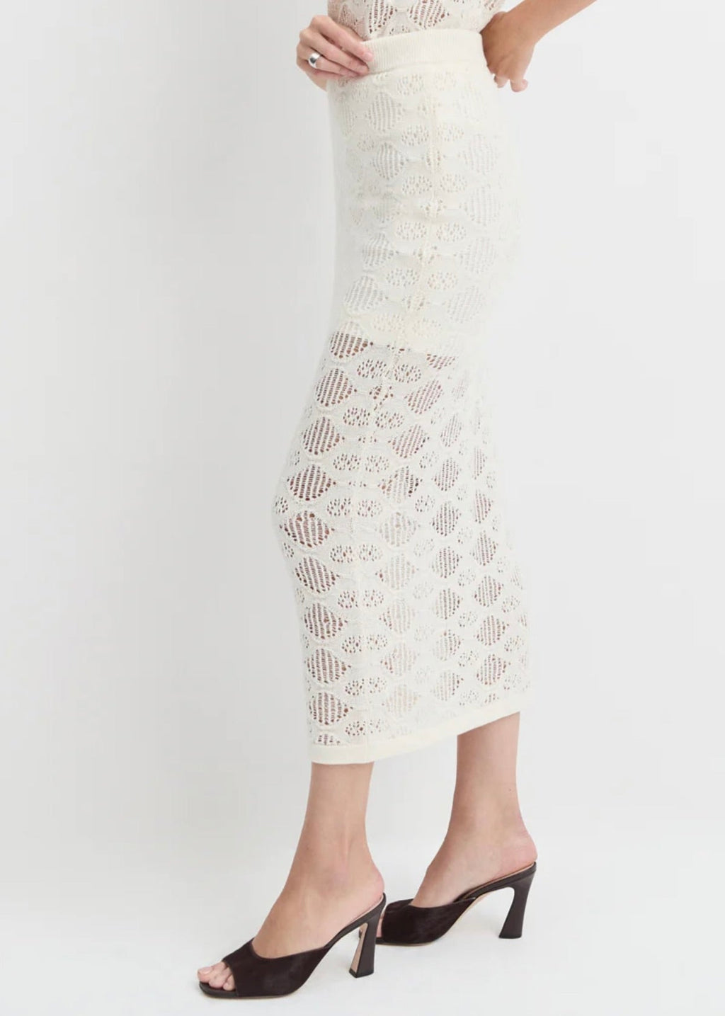 Ivory High-Rise Open-Weave Sweater Knit Pencil Skirt