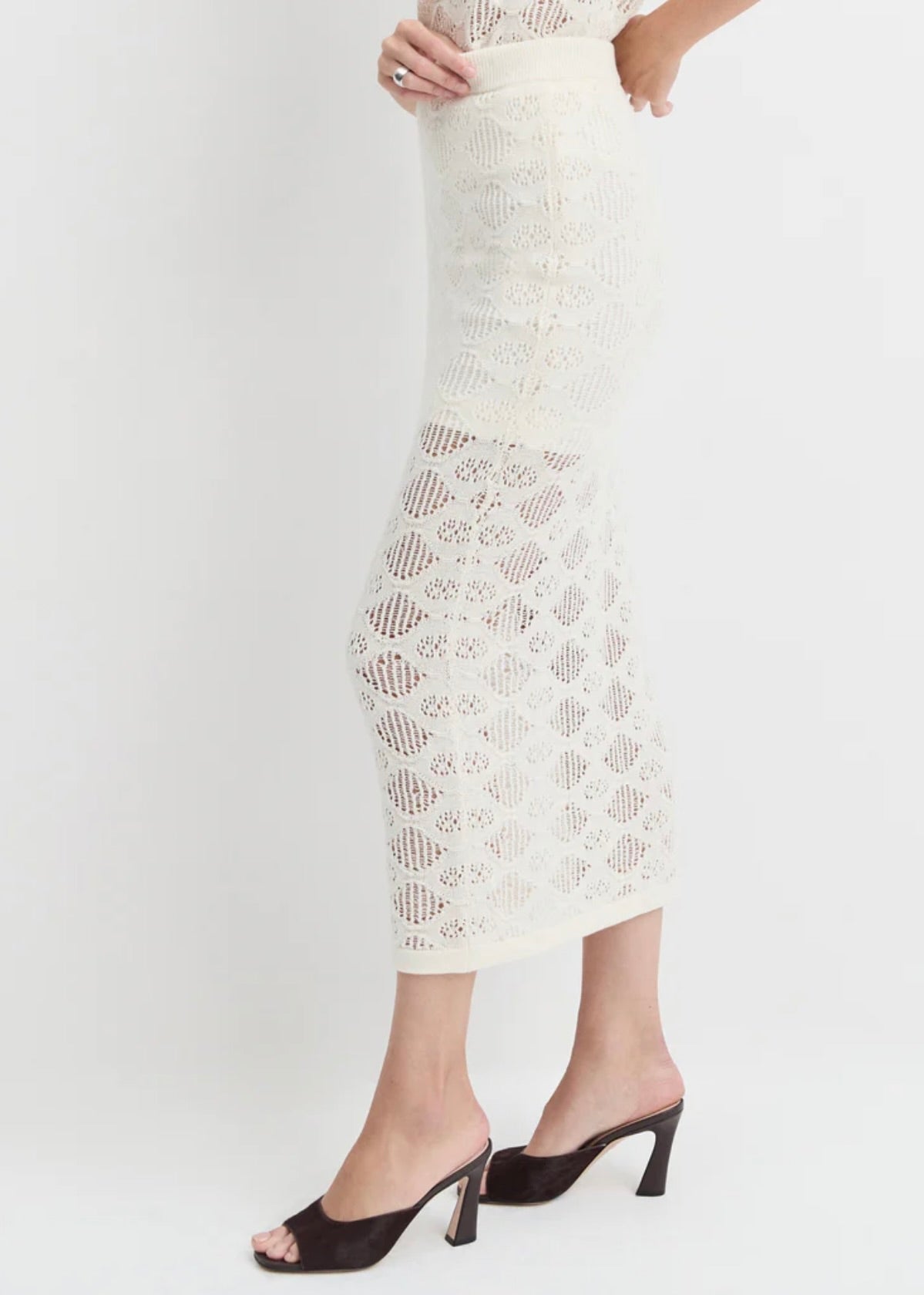 Ivory High-Rise Open-Weave Sweater Knit Pencil Skirt