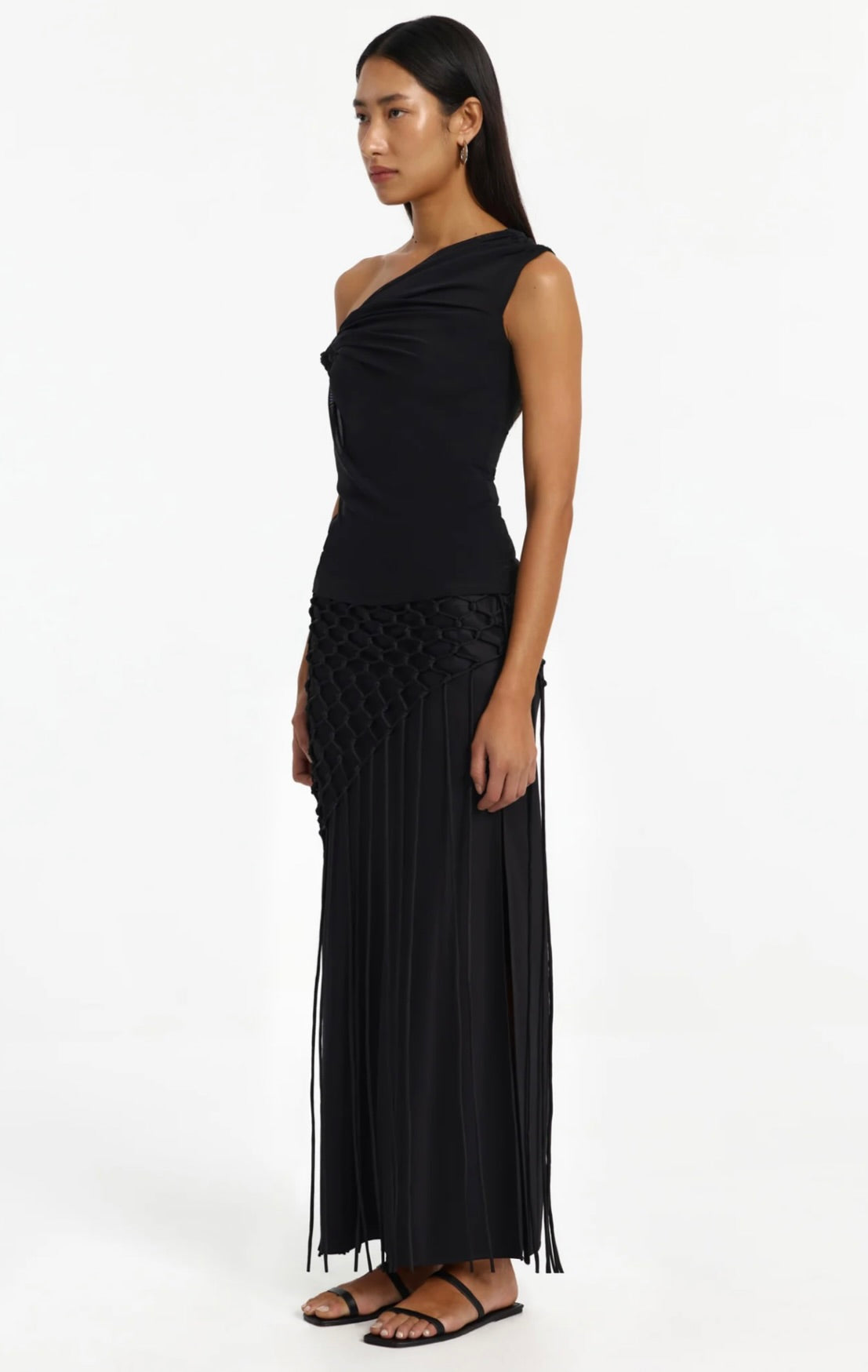 Long Fringe & Scalloped Lace High-Slit Evening Skirt