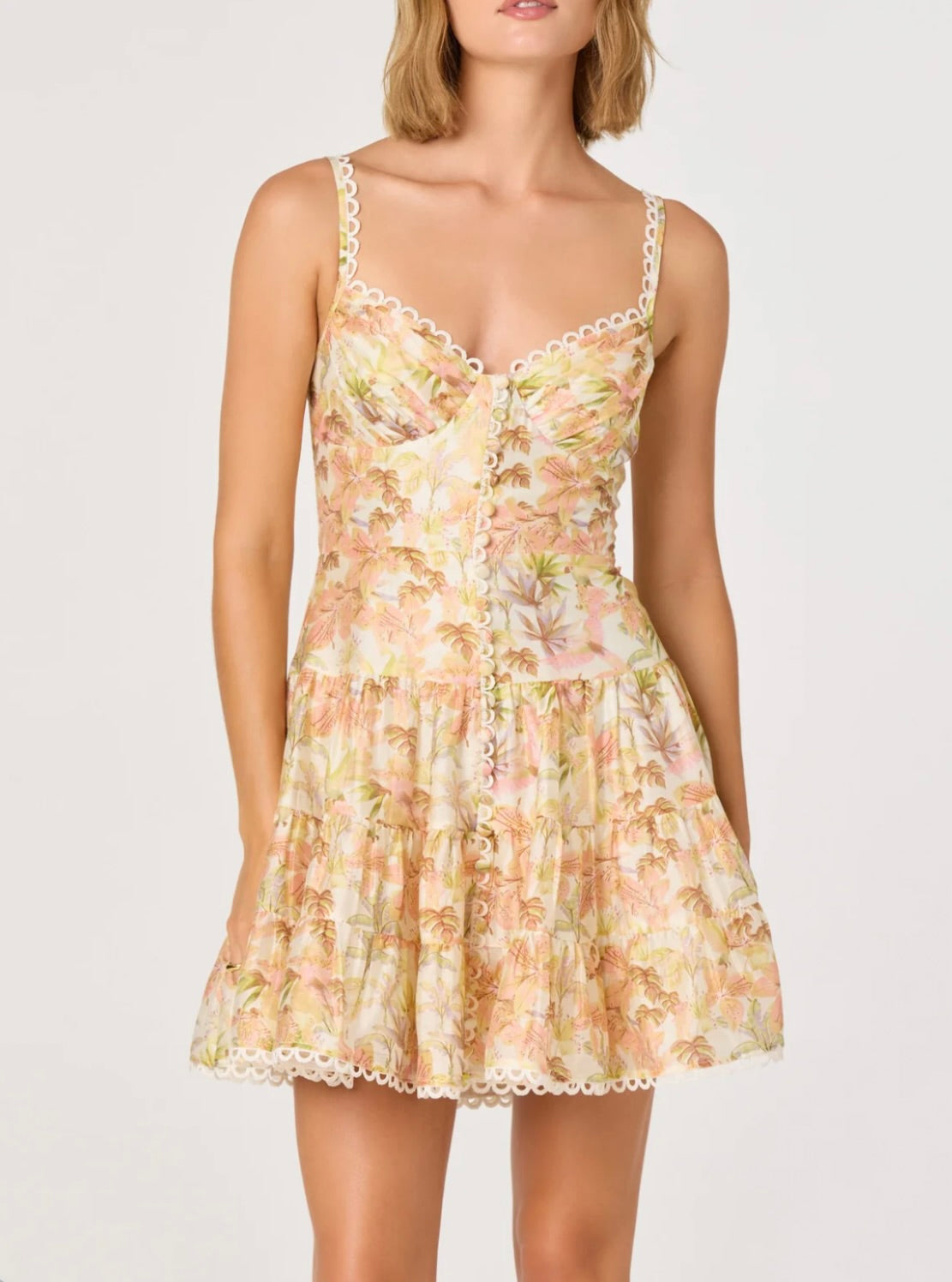 Yellow-Pink Floral Tiered Sweetheart Mini Dress