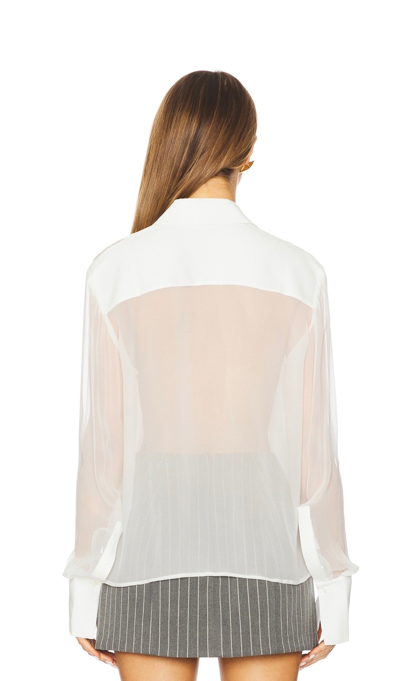 White 100% Silk Long-Sleeve Button-Up Shirt