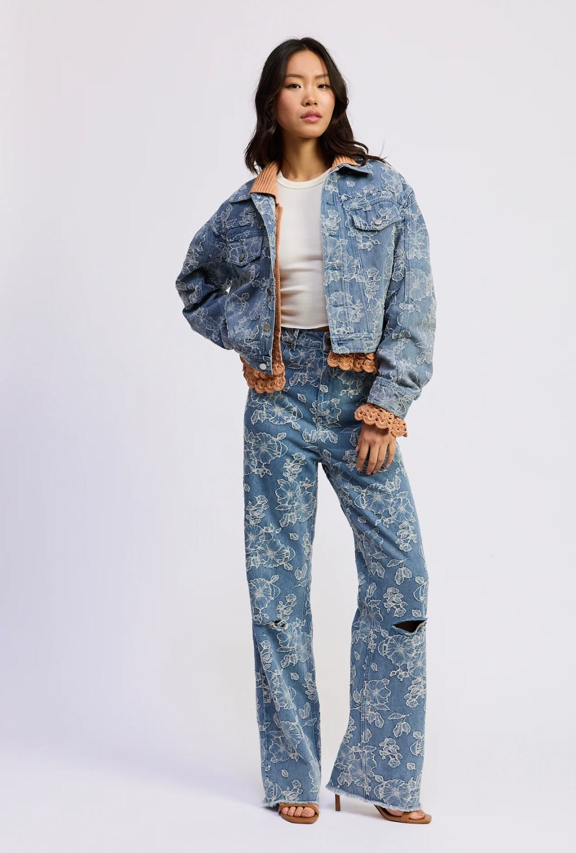 Medium Wash Floral Jacquard Crop