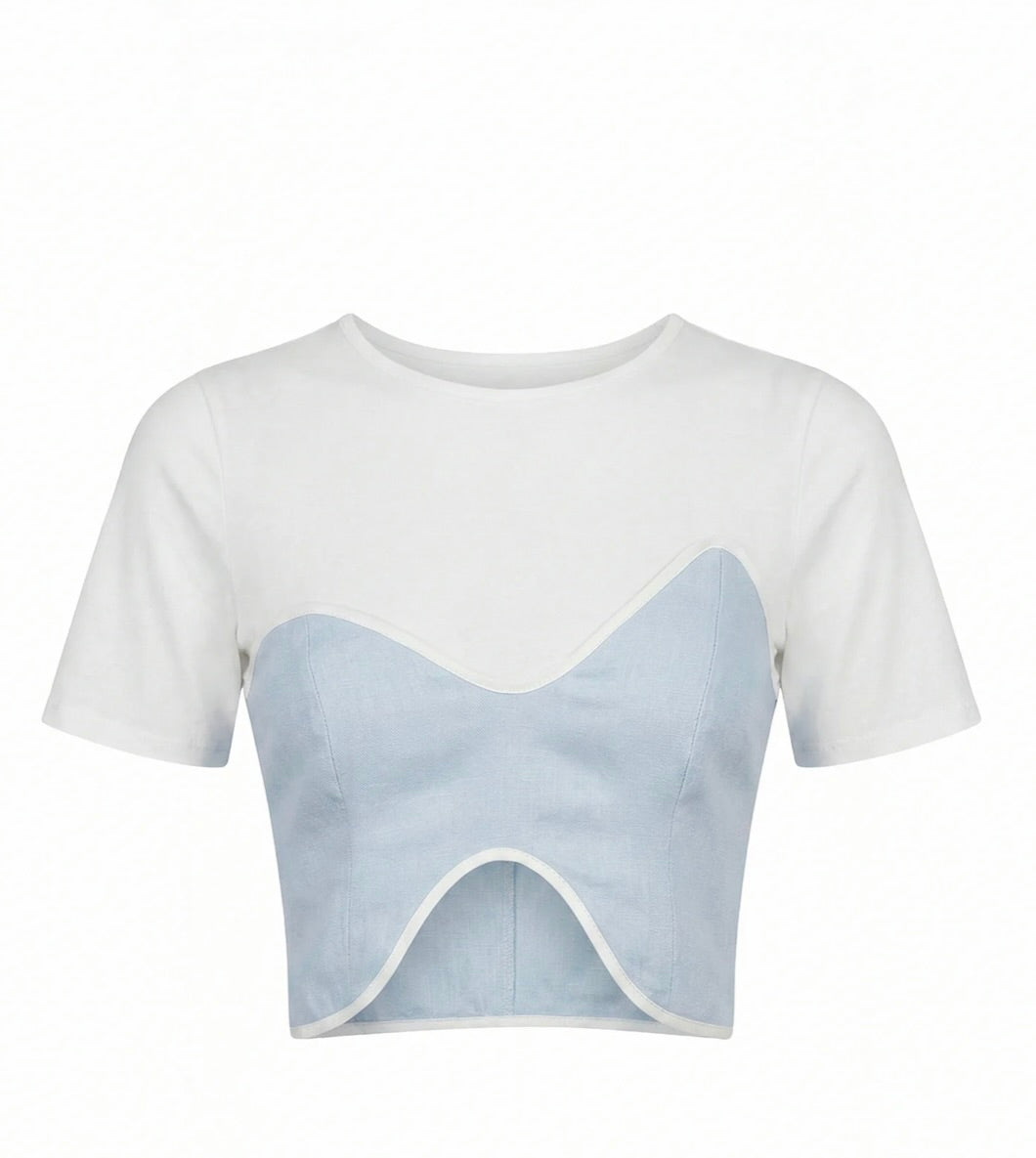 Bias-Framed Architectural Ice Blue Cotton-Linen Top