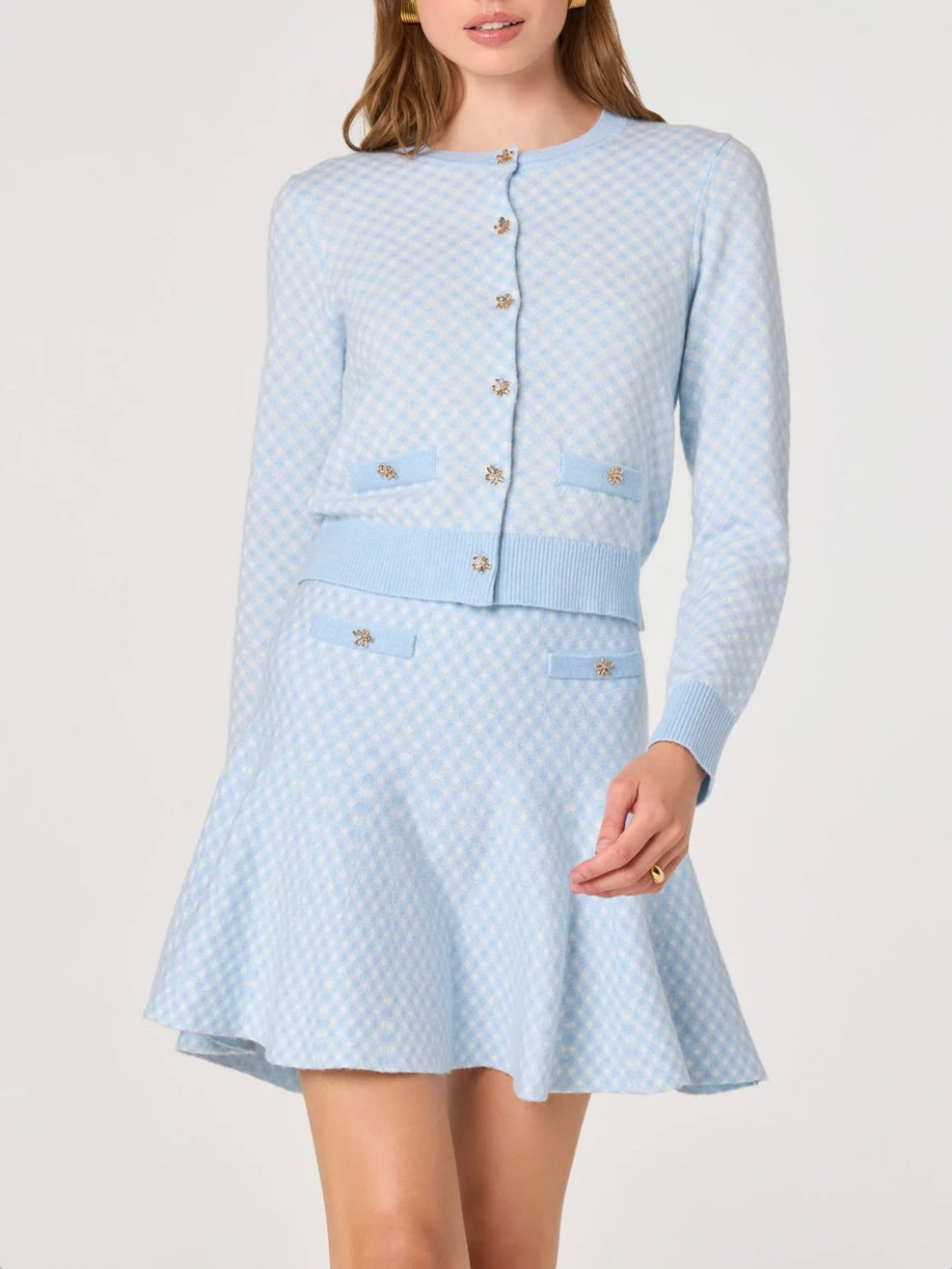 ‌Blue Plaid Jeweled Cardigan
