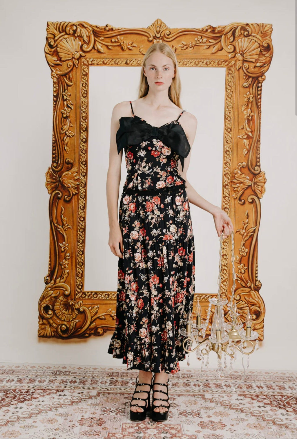 Layered Tiered Elastic Waist Cotton Skirt with Bonnard Floral Print
