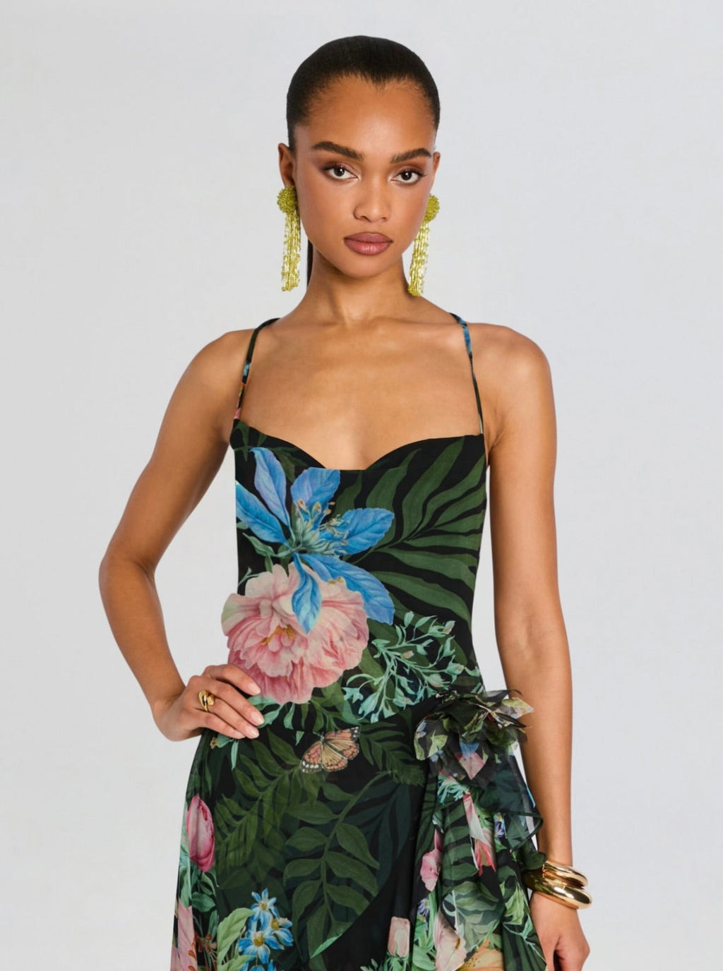 Adjustable Spaghetti Strap Dress with Playful Ruffles & Fluid Draping