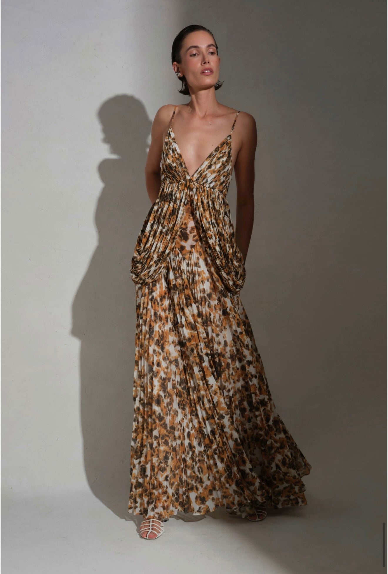 Golden Multi-Pleated Formal Gown