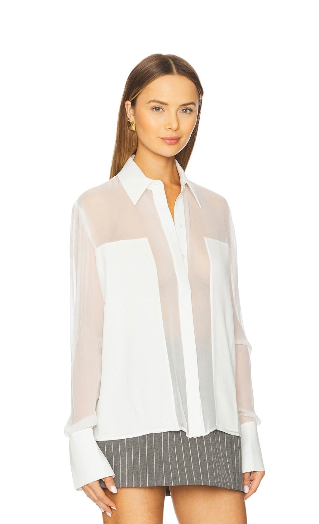 White 100% Silk Long-Sleeve Button-Up Shirt