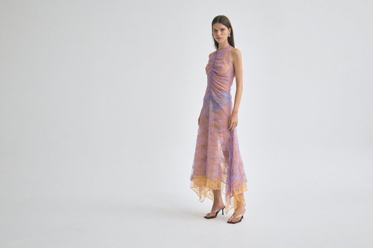 Lavender & Mango Raised-Funnel Layered Lace Dress