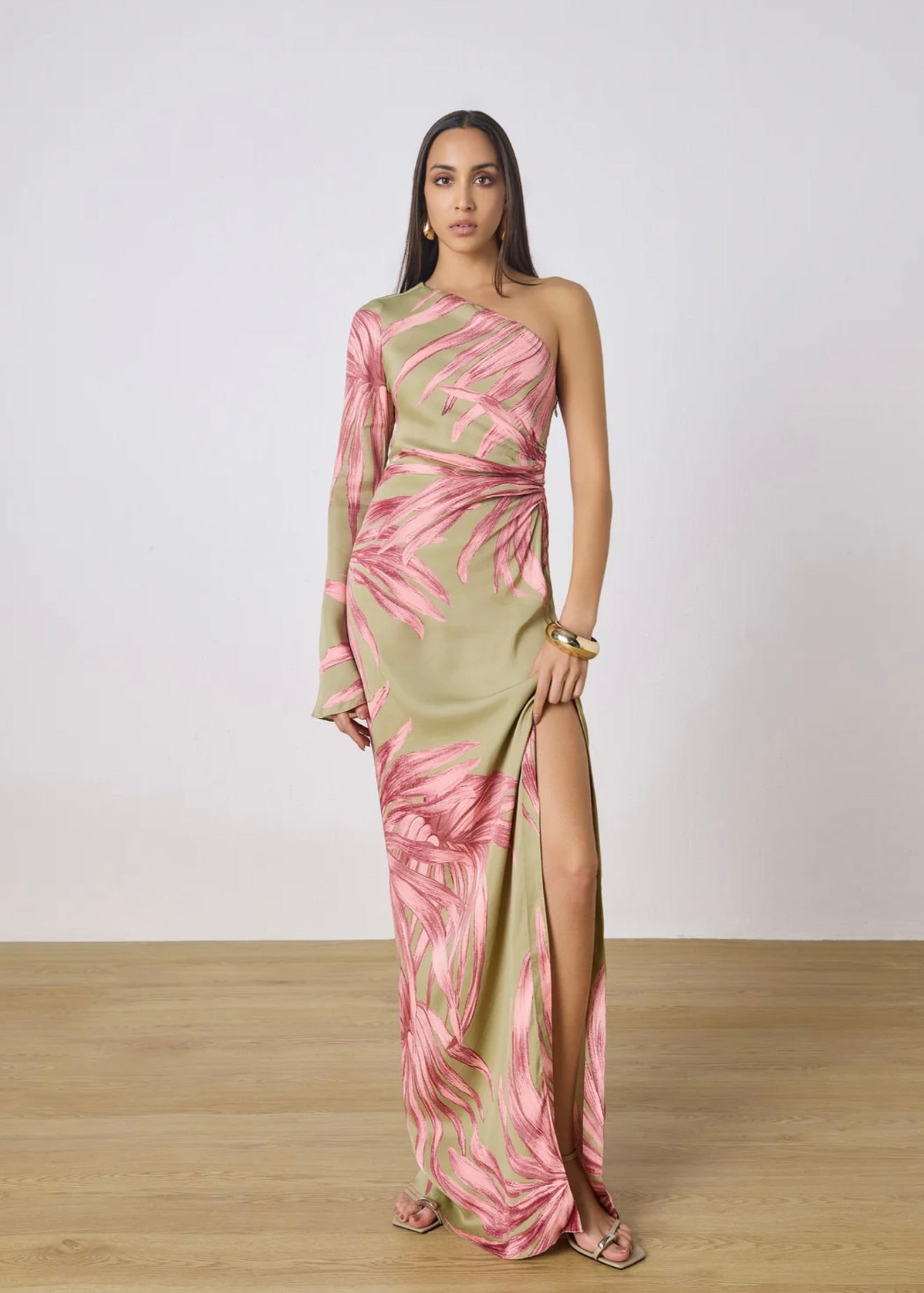 Green One-Shoulder Palm Dress