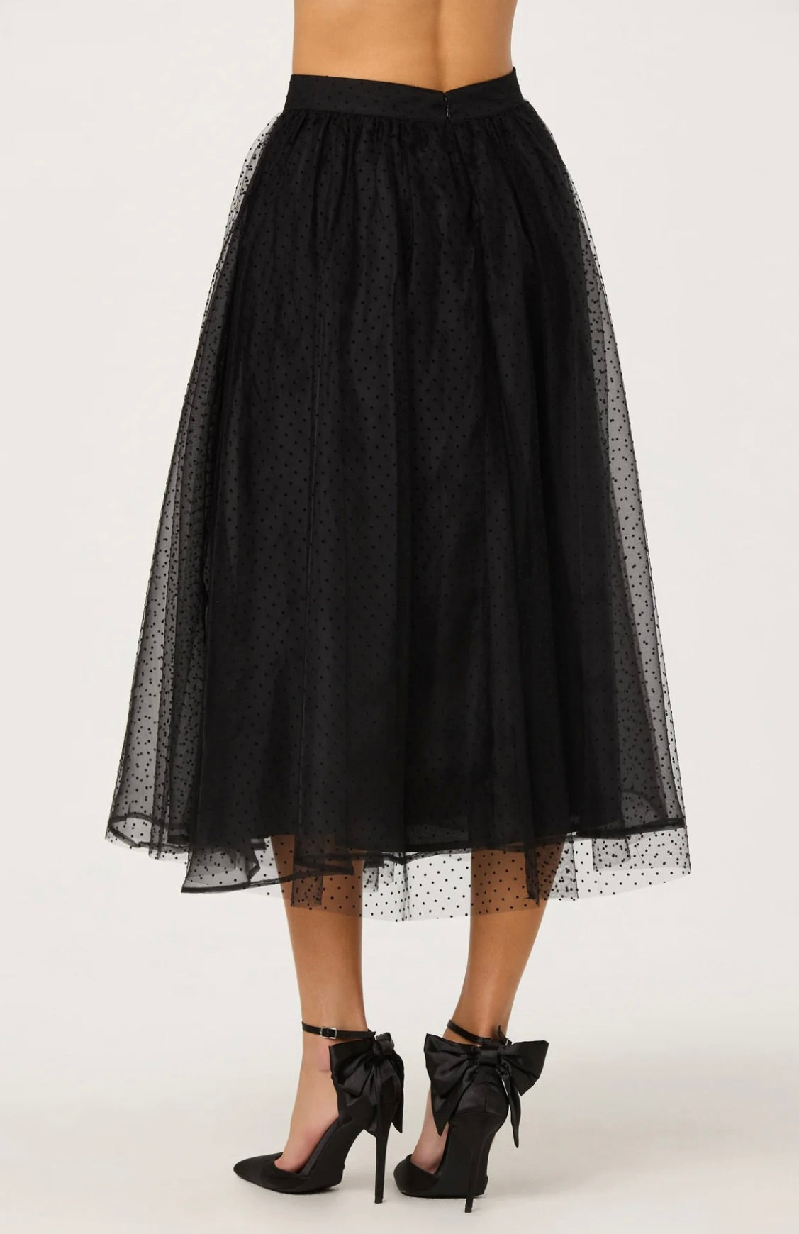 Black Tulle with Velvet Dot Motif A-Line Midi Skirt