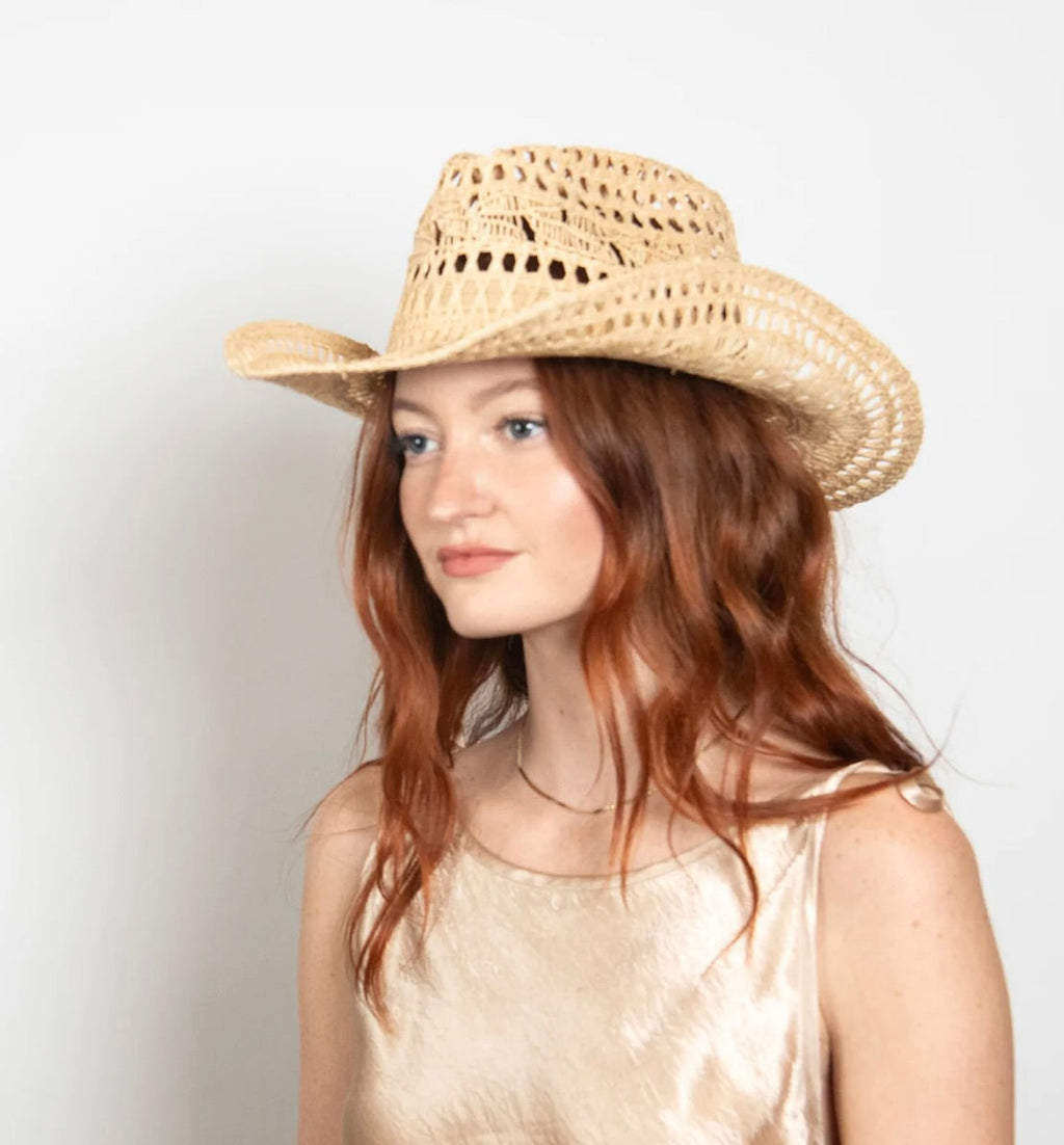 Natural Handwoven Raffia Straw Hat with Curved Brim & Pinched Crown