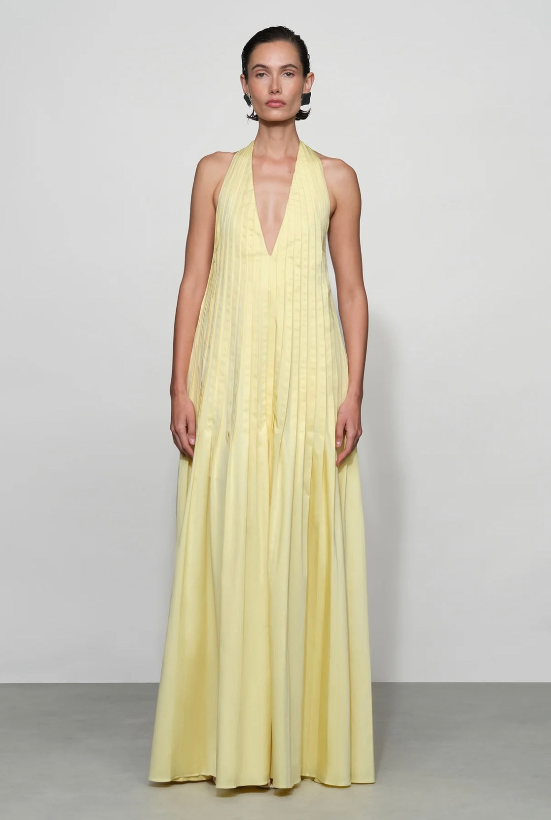 Butter Halter Open-Back Pleated Maxi Dress