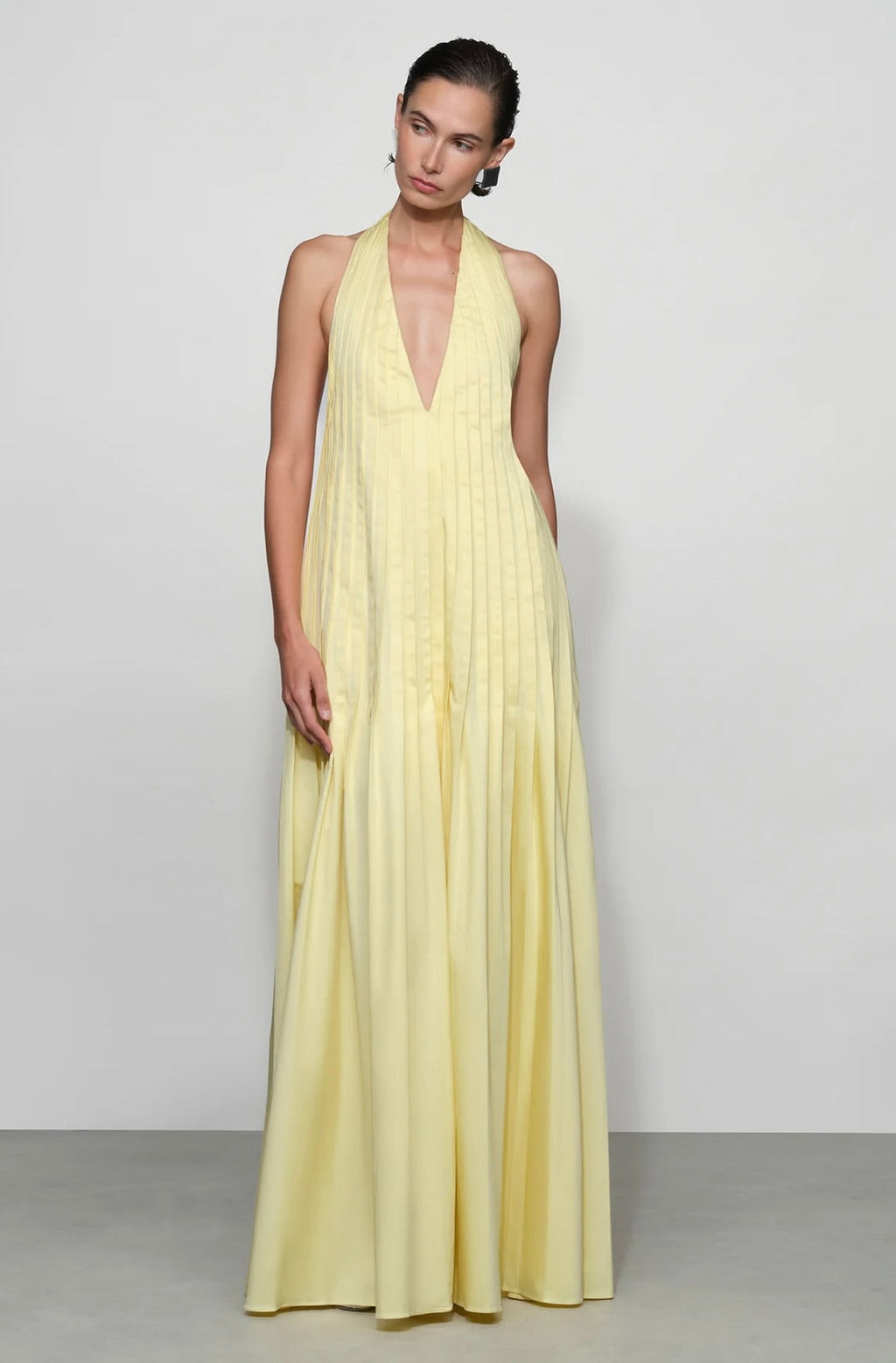 Butter Halter Open-Back Pleated Maxi Dress