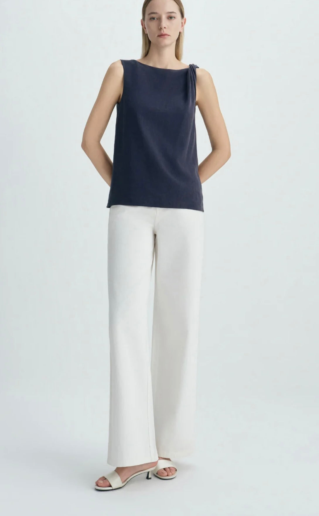 ‌Navy Twisted Shoulder Top