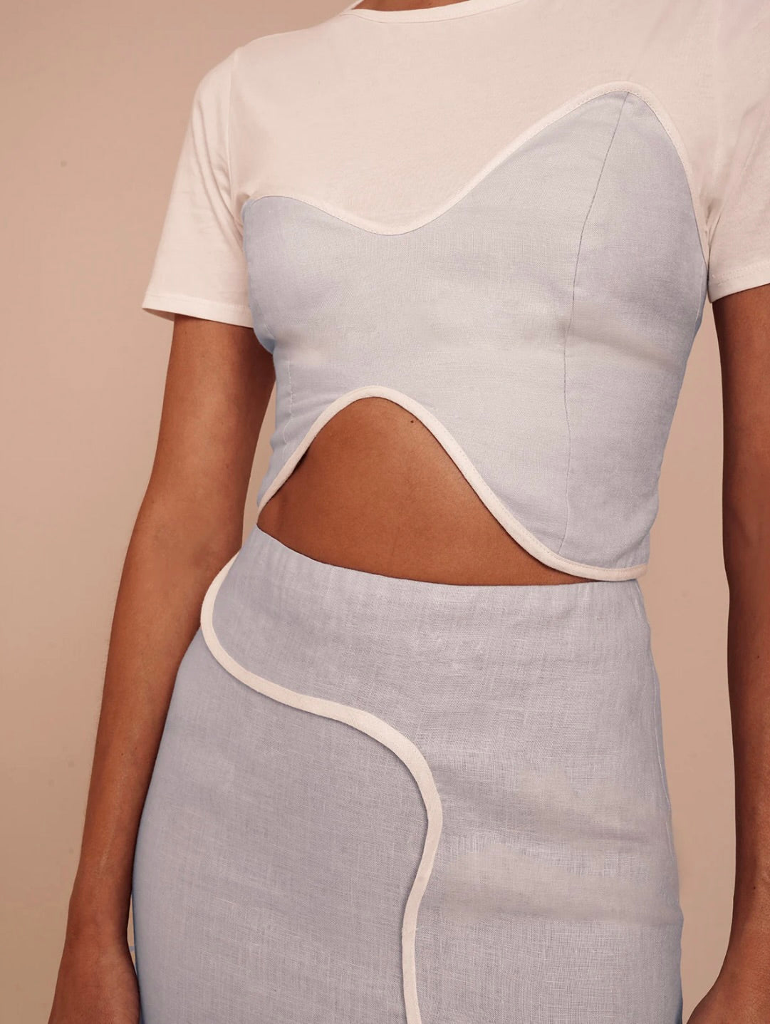 Bias-Framed Architectural Ice Blue Cotton-Linen Top