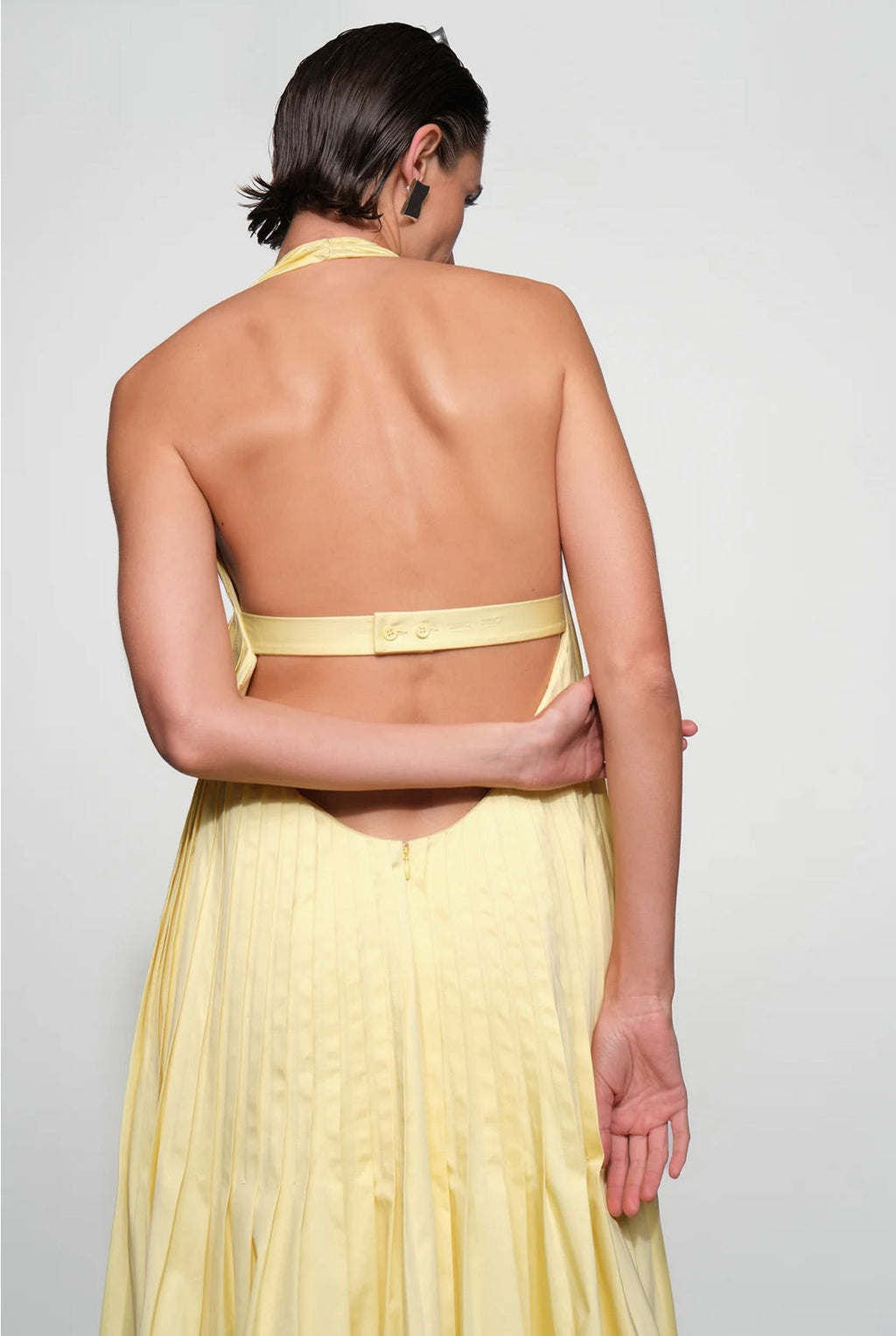 Butter Halter Open-Back Pleated Maxi Dress