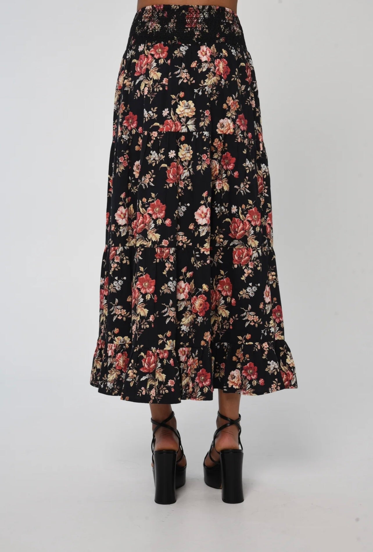 Layered Tiered Elastic Waist Cotton Skirt with Bonnard Floral Print
