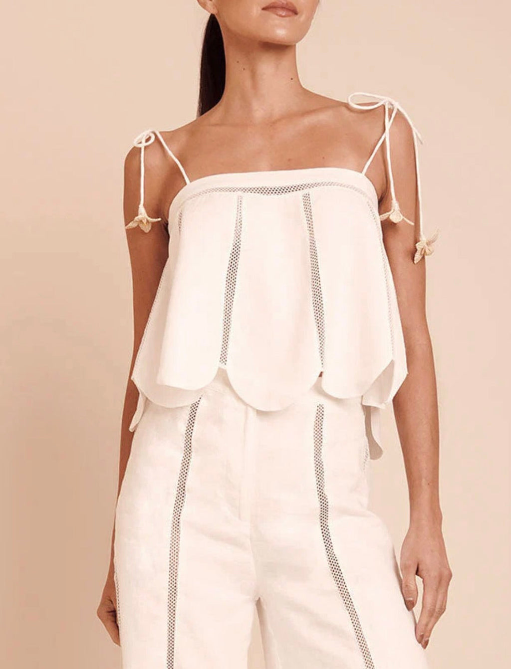 Ivory Iraca Flower Linen Tank with Scalloped Hem
