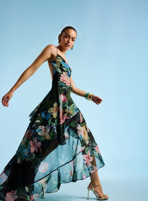 Adjustable Spaghetti Strap Dress with Playful Ruffles & Fluid Draping