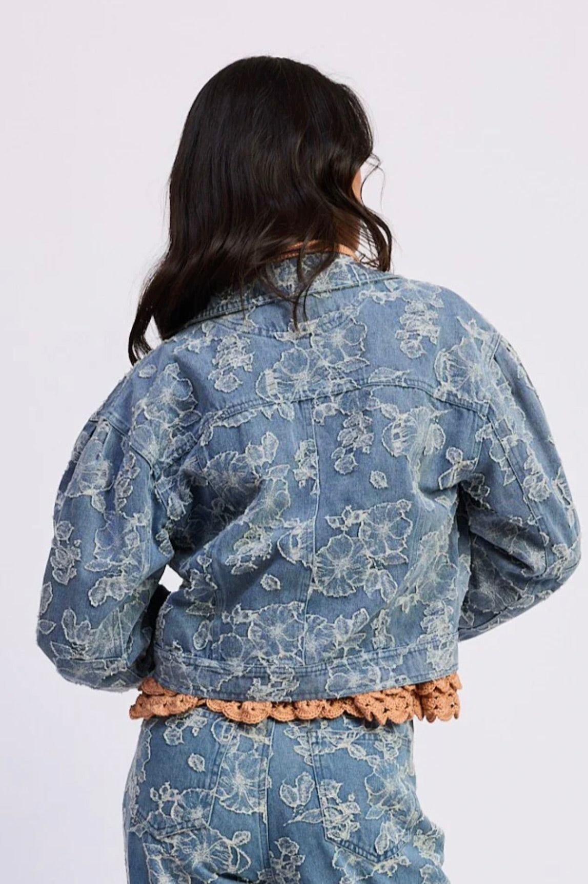 Medium Wash Floral Jacquard Crop
