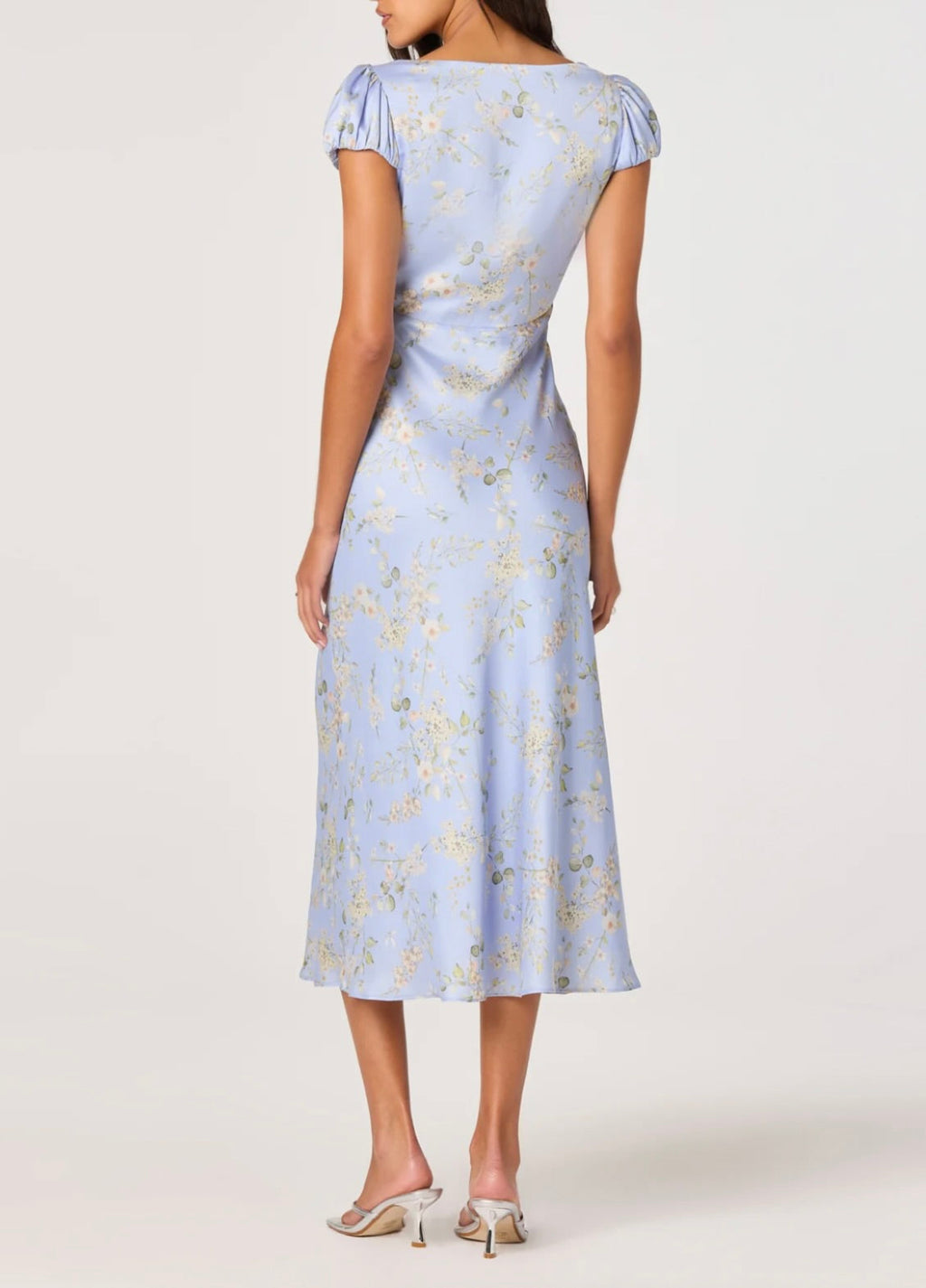 Blue Floral Bias-Cut Satin Midi Dress