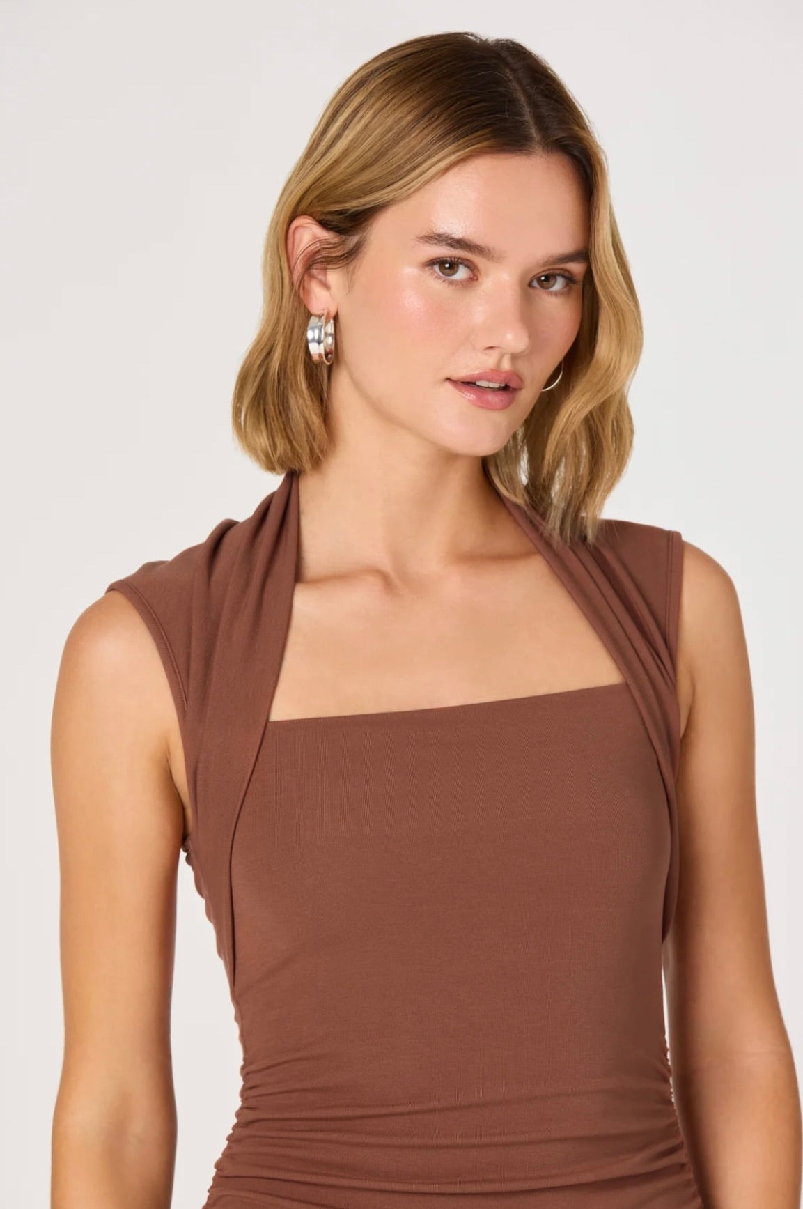 Rust Square Neck Ruched Dress