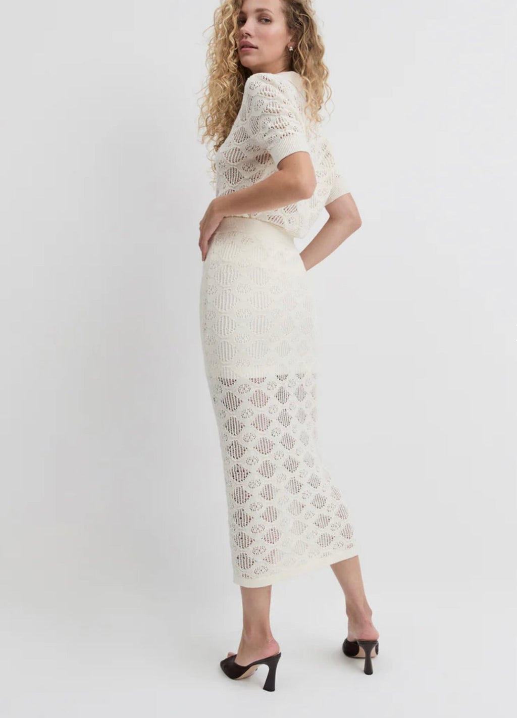 Ivory High-Rise Open-Weave Sweater Knit Pencil Skirt