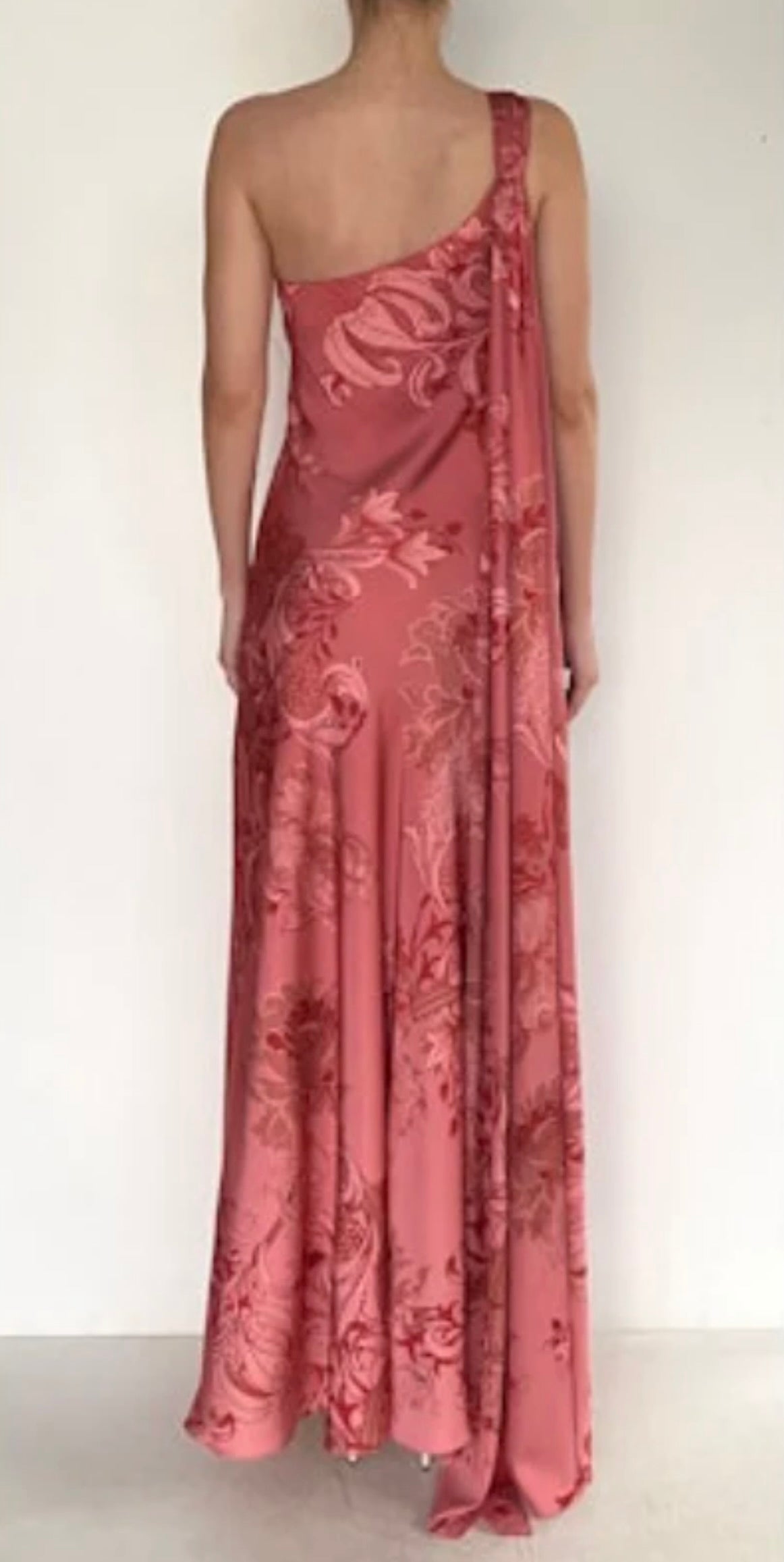 Coral One-Shoulder Asymmetric Drape Gown with Floral Jacquard