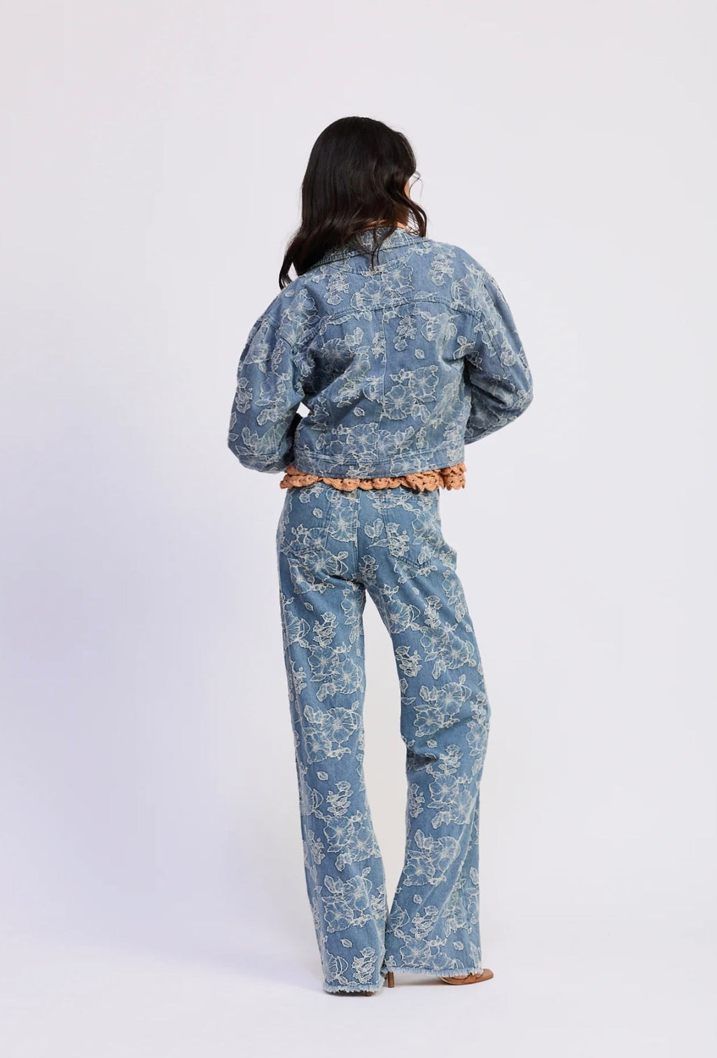 Medium Wash Floral Jacquard Crop