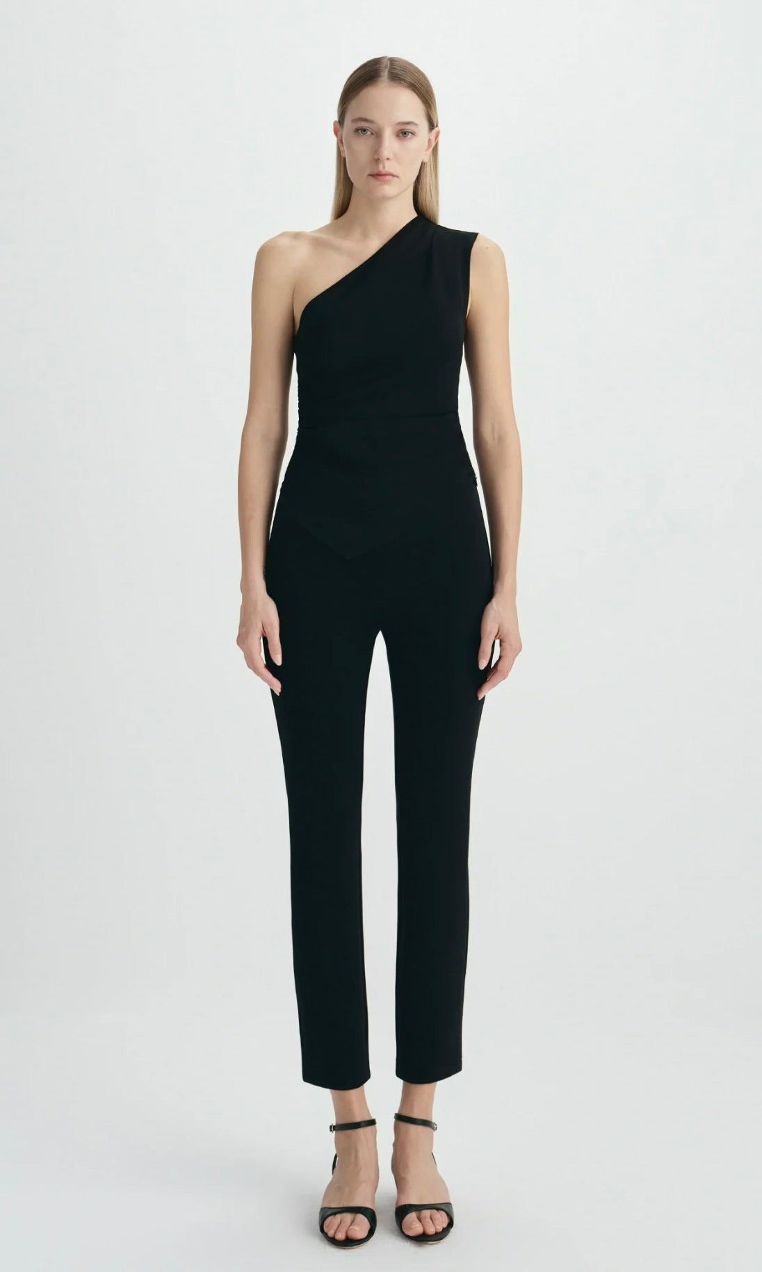One-Shoulder Side Shirring Black Tank
