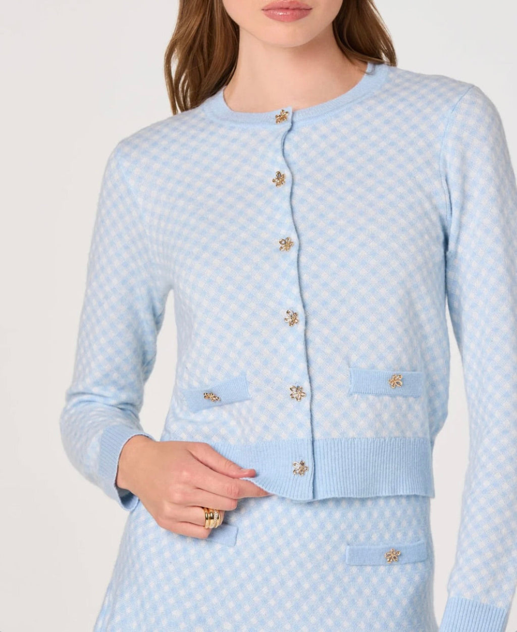 ‌Blue Plaid Jeweled Cardigan