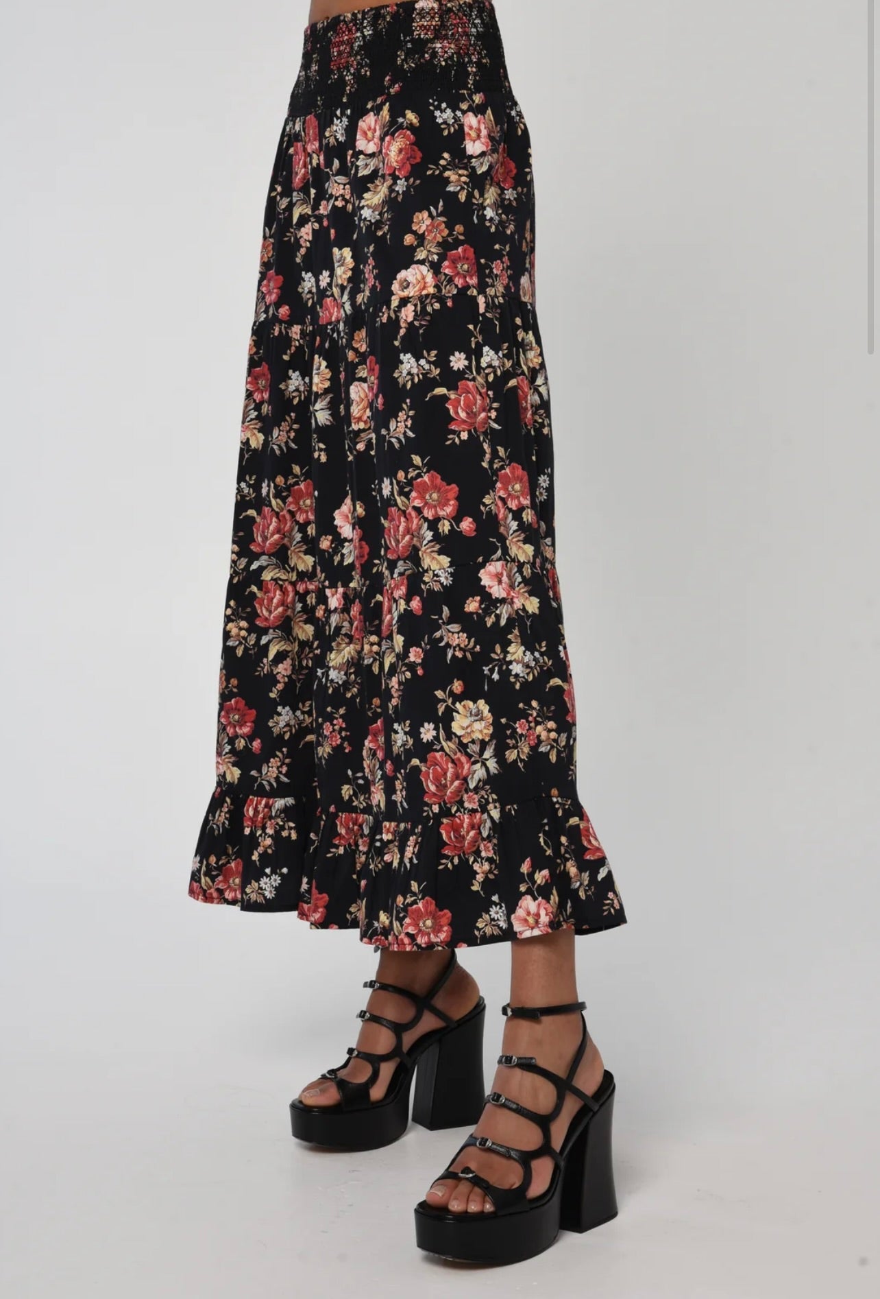 Layered Tiered Elastic Waist Cotton Skirt with Bonnard Floral Print