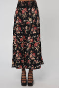 Layered Tiered Elastic Waist Cotton Skirt with Bonnard Floral Print