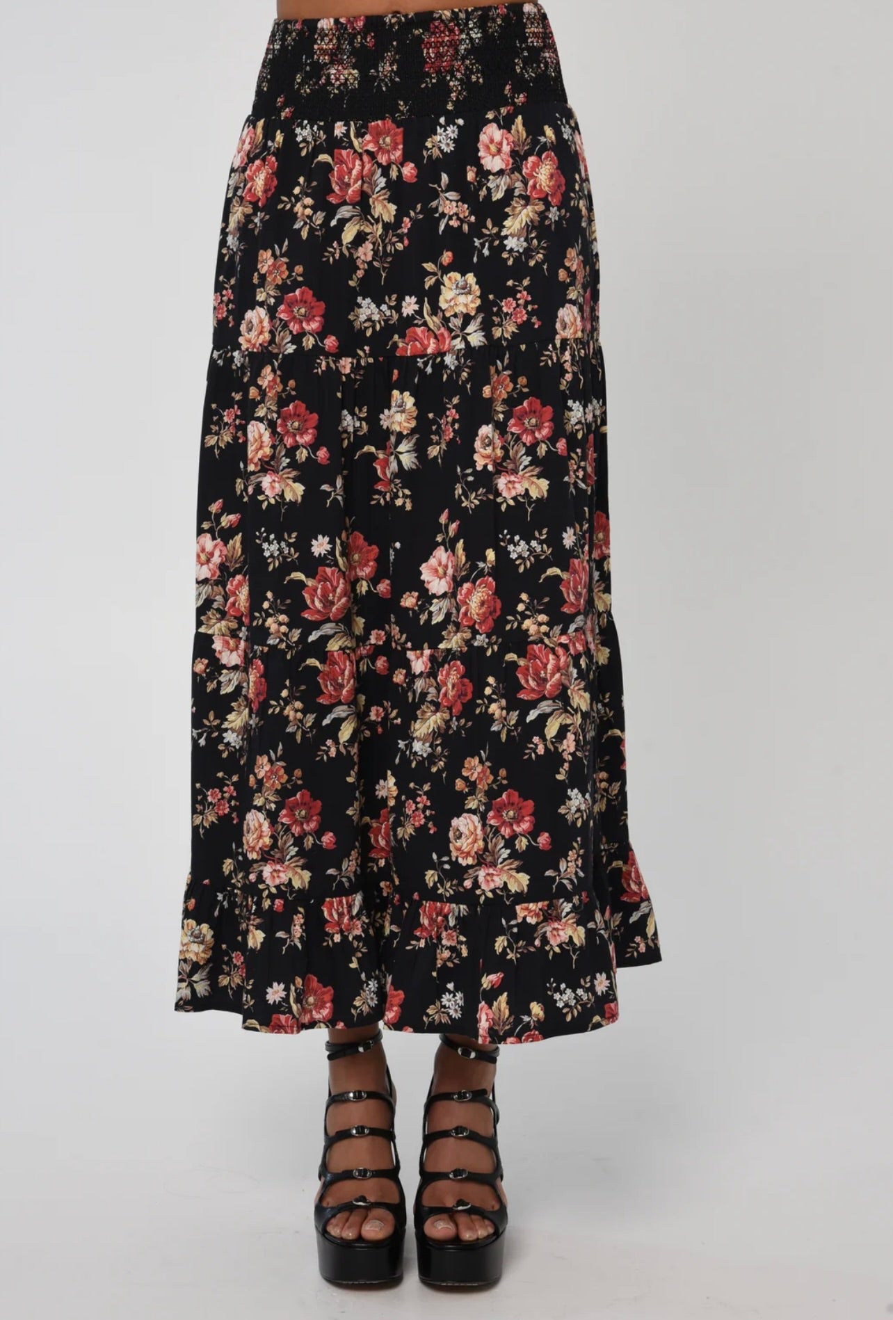 Layered Tiered Elastic Waist Cotton Skirt with Bonnard Floral Print