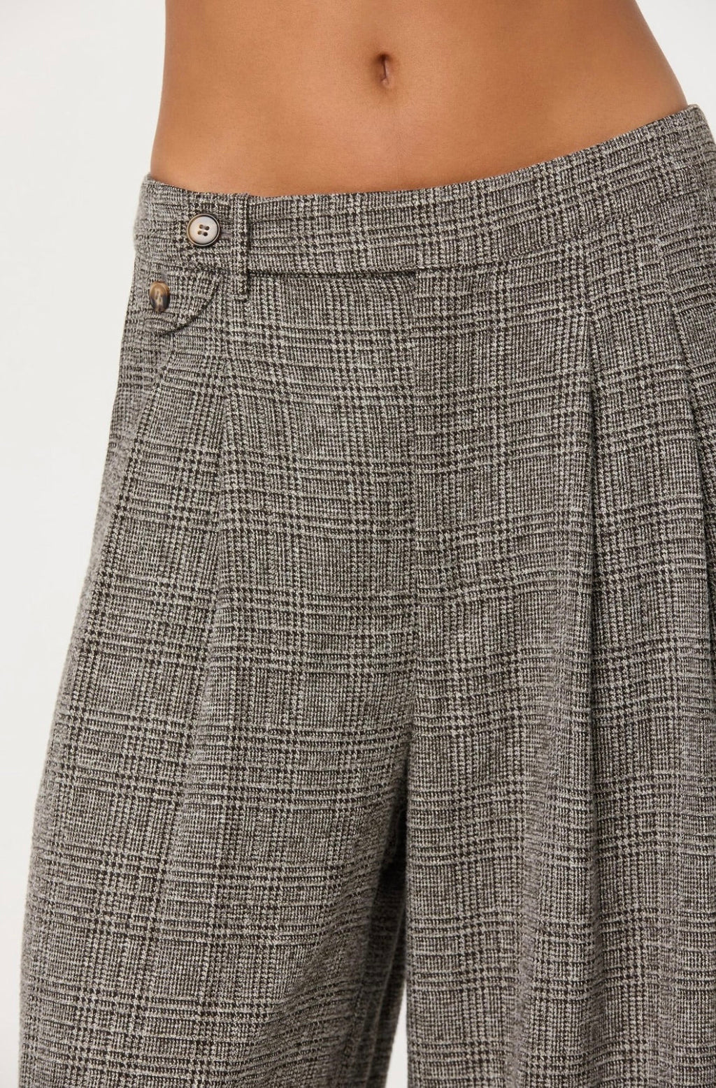 Grey Plaid Pleated Wide-Leg Low-Rise Trousers