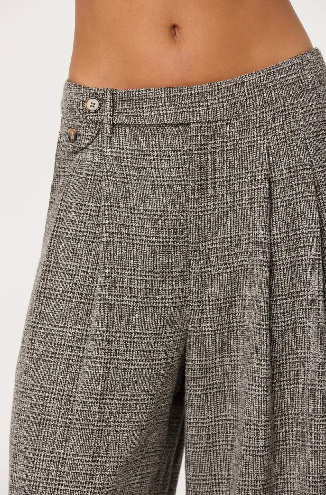 Grey Plaid Pleated Wide-Leg Low-Rise Trousers
